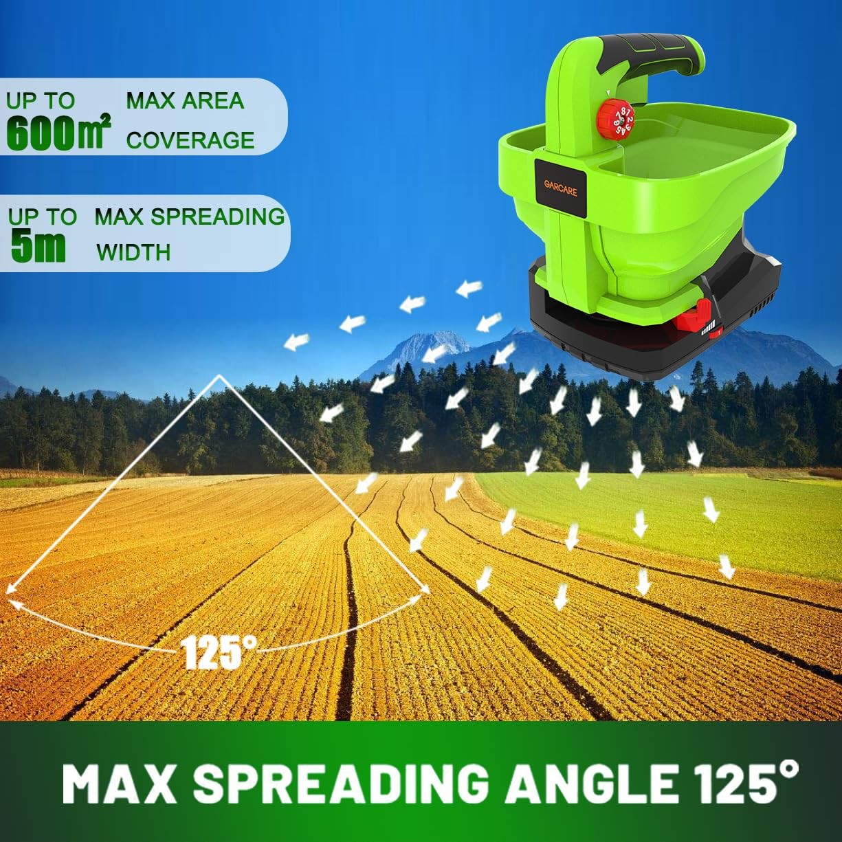 GARCARE 7.2V Cordless Seed Spreader - Capacity 3.3L, 2.0Ah Built-in green