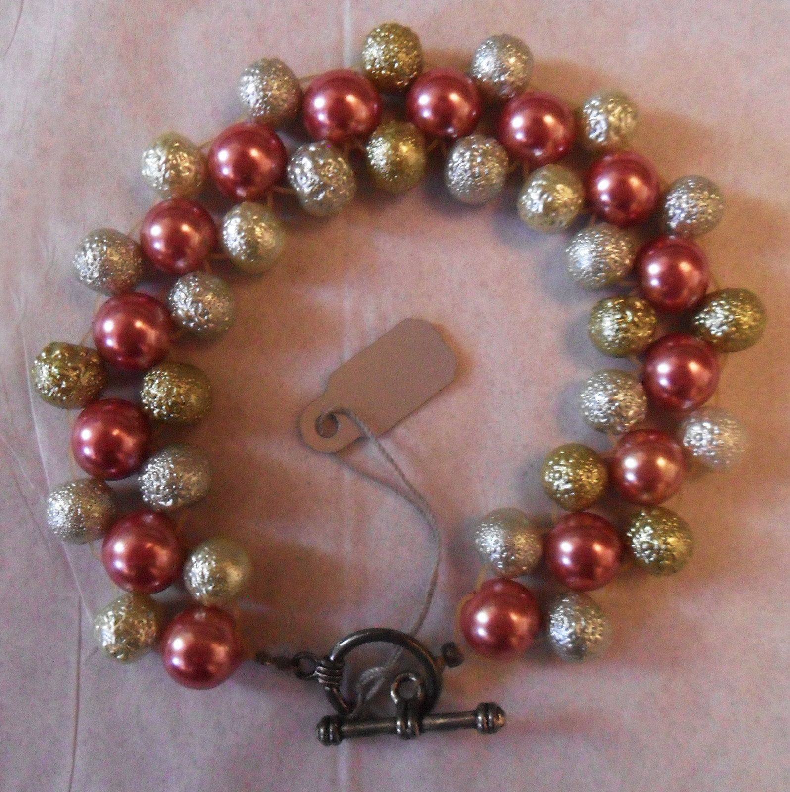 Artist Handmade BRACELET Pearly Pink, Silver & Gold Beads Ring Closure CY Design