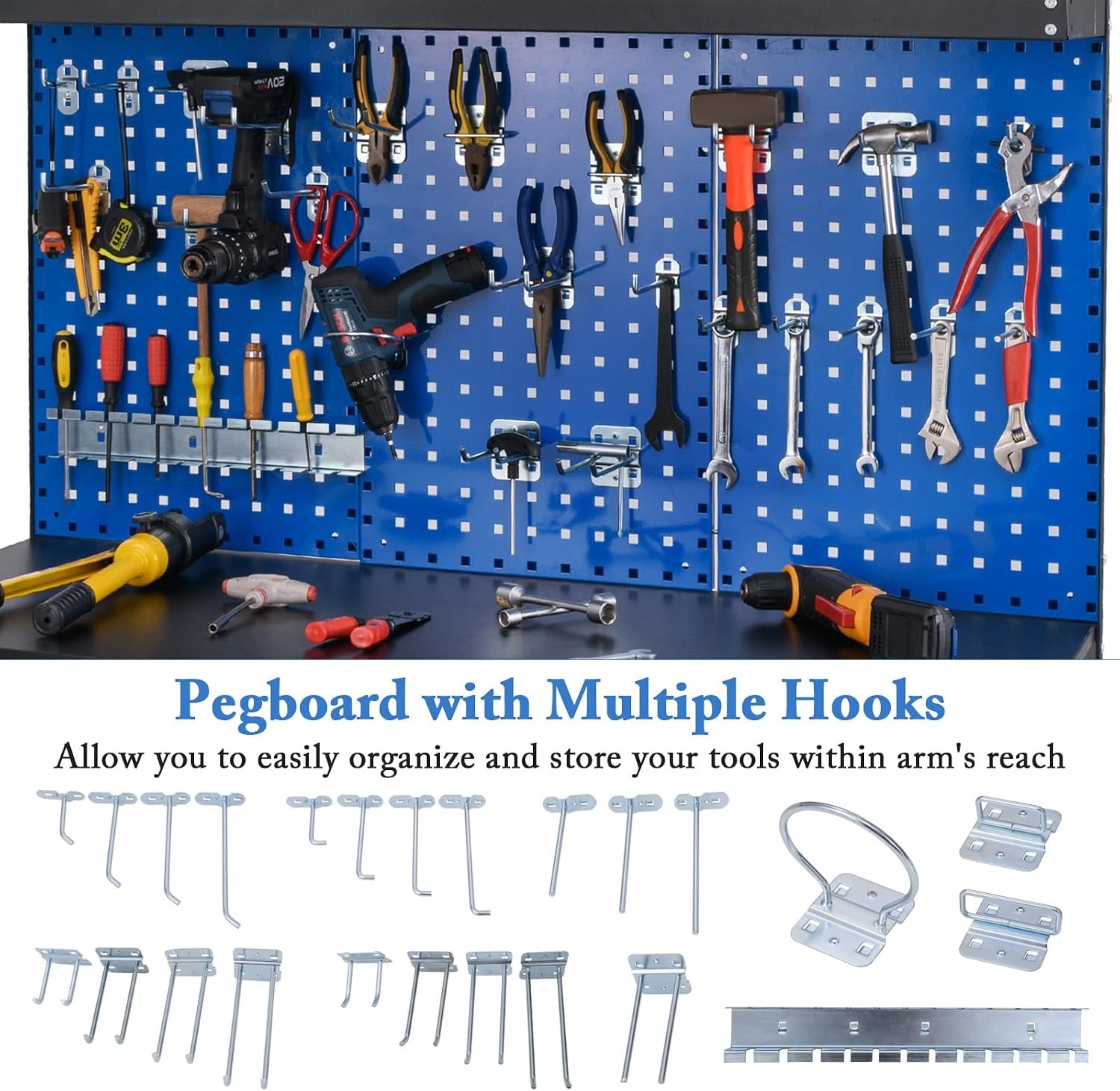 Workbench with Pegboard 48" x 24" Work Table with Drawers Open Shelves