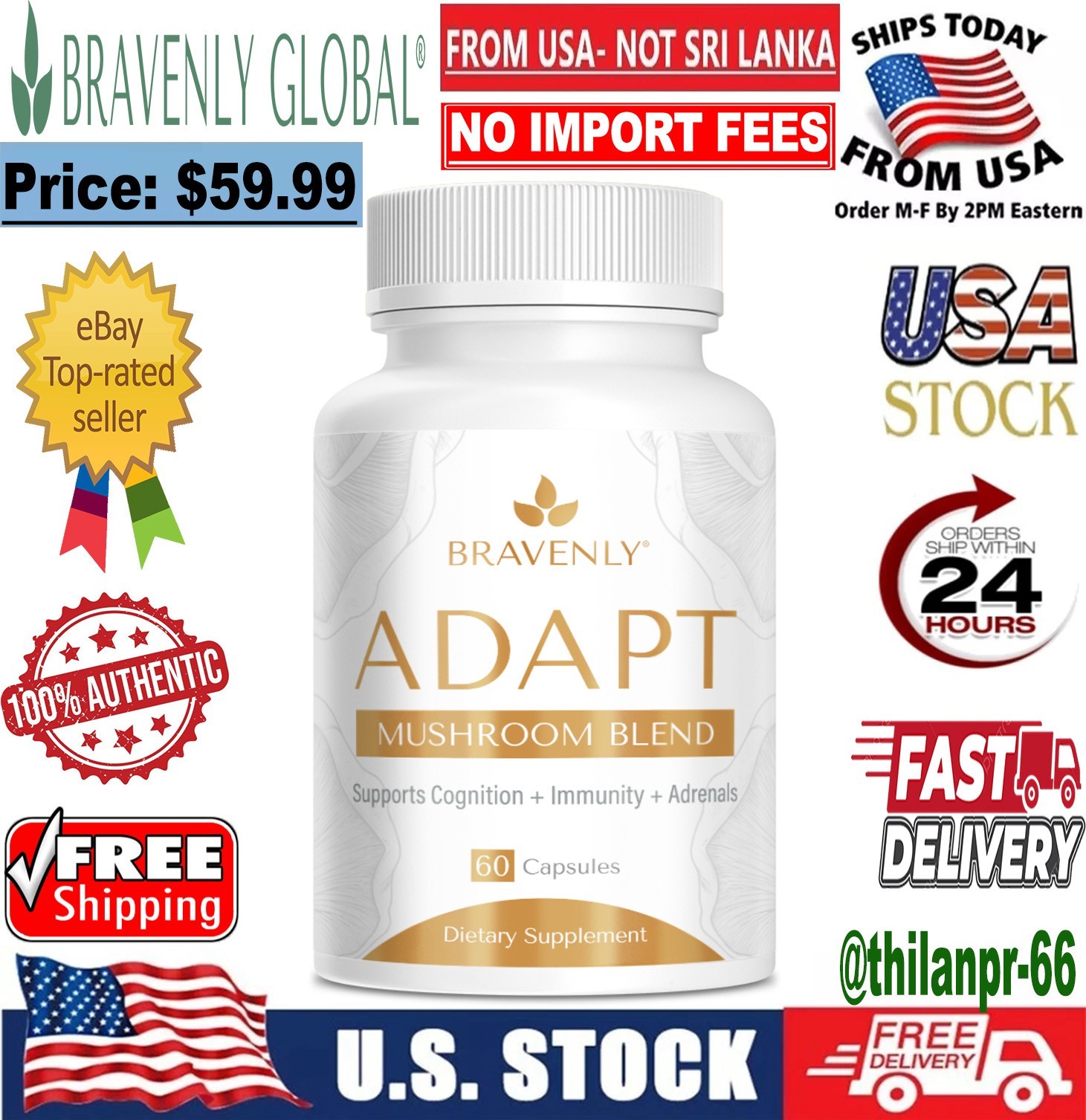 Bravenly Global Adapt Mushroom Blend 60 Capsules Lions Mane Reishi Immune 🔥