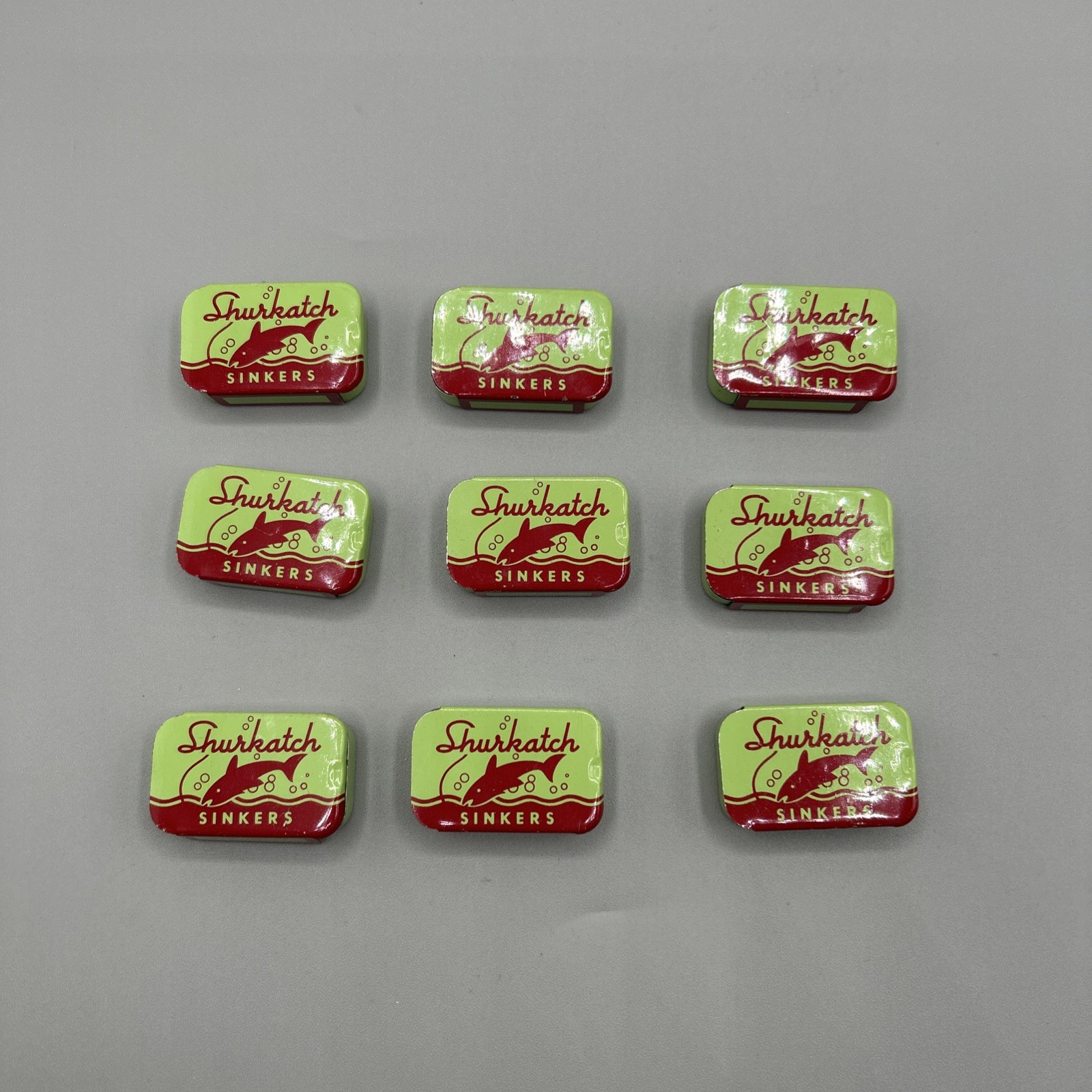 9 Vintage Shurkatch Split Shot Fishing Sinkers Retro Metal Tins 1950s-60s, Empty