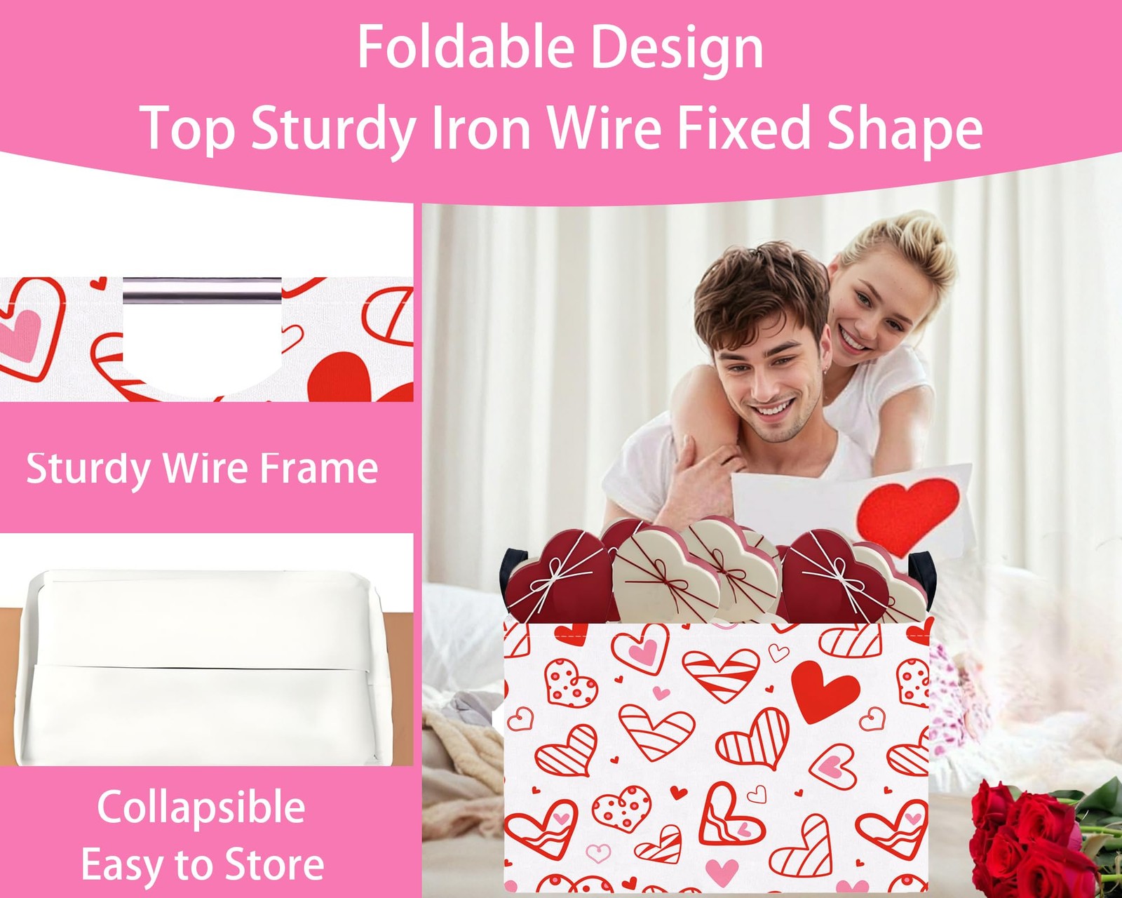 Valentines Day Large Foldable Heart Shaped Storage Box Bins Rectangular Toy