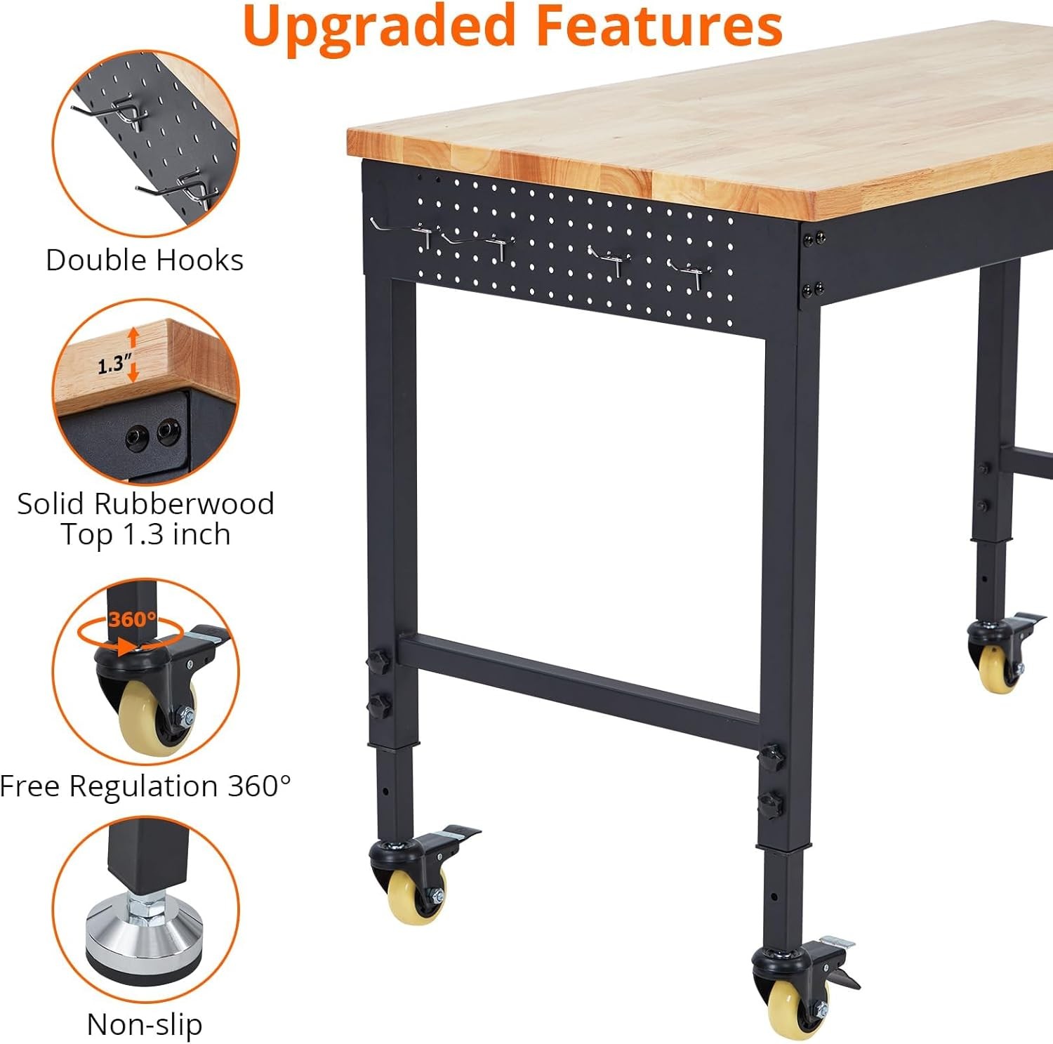 Adjustable Height Workbench 60"L x 22"W Work Bench Table w/ Power Outlets&Wheels