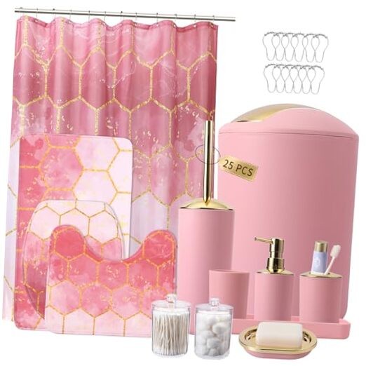 25 Pieces Bathroom Set Bathroom Bath Set+Shower Curtain+Rugs Pink and Gold