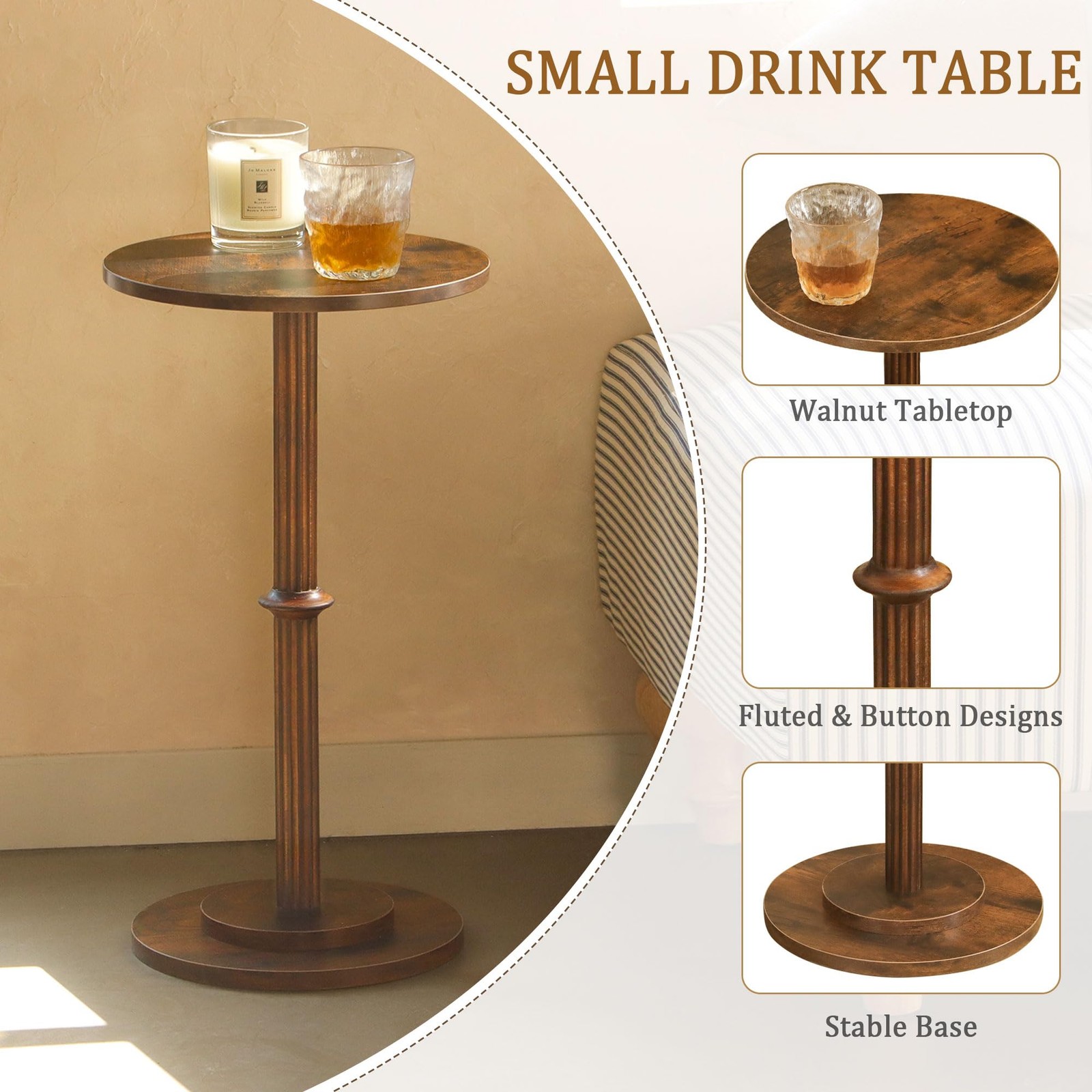 Drink Table, Small Side Table for Small Spaces, Modern Round End Table with F...