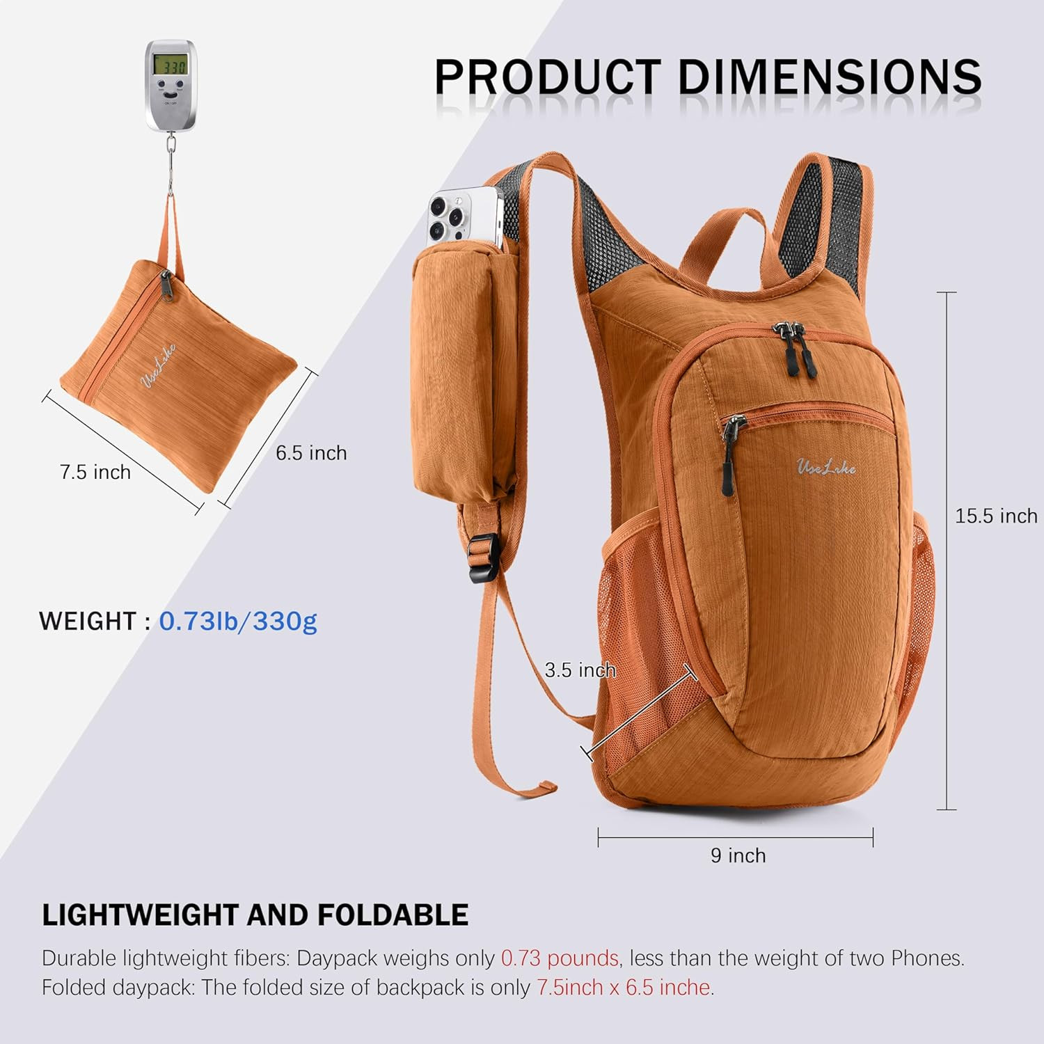 10L Lightweight Packable Hiking Backpack for Travel - Unisex (Orange)