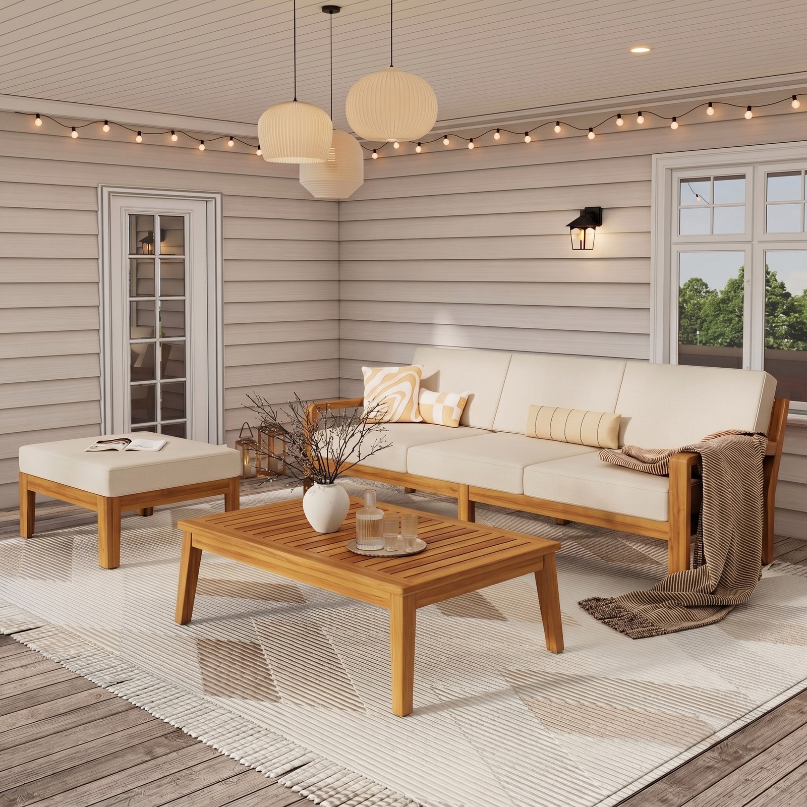 3Pieces Outdoor Patio Acacia Wood Sofa Set 3 Seater Sofa Ottoman with Table Set