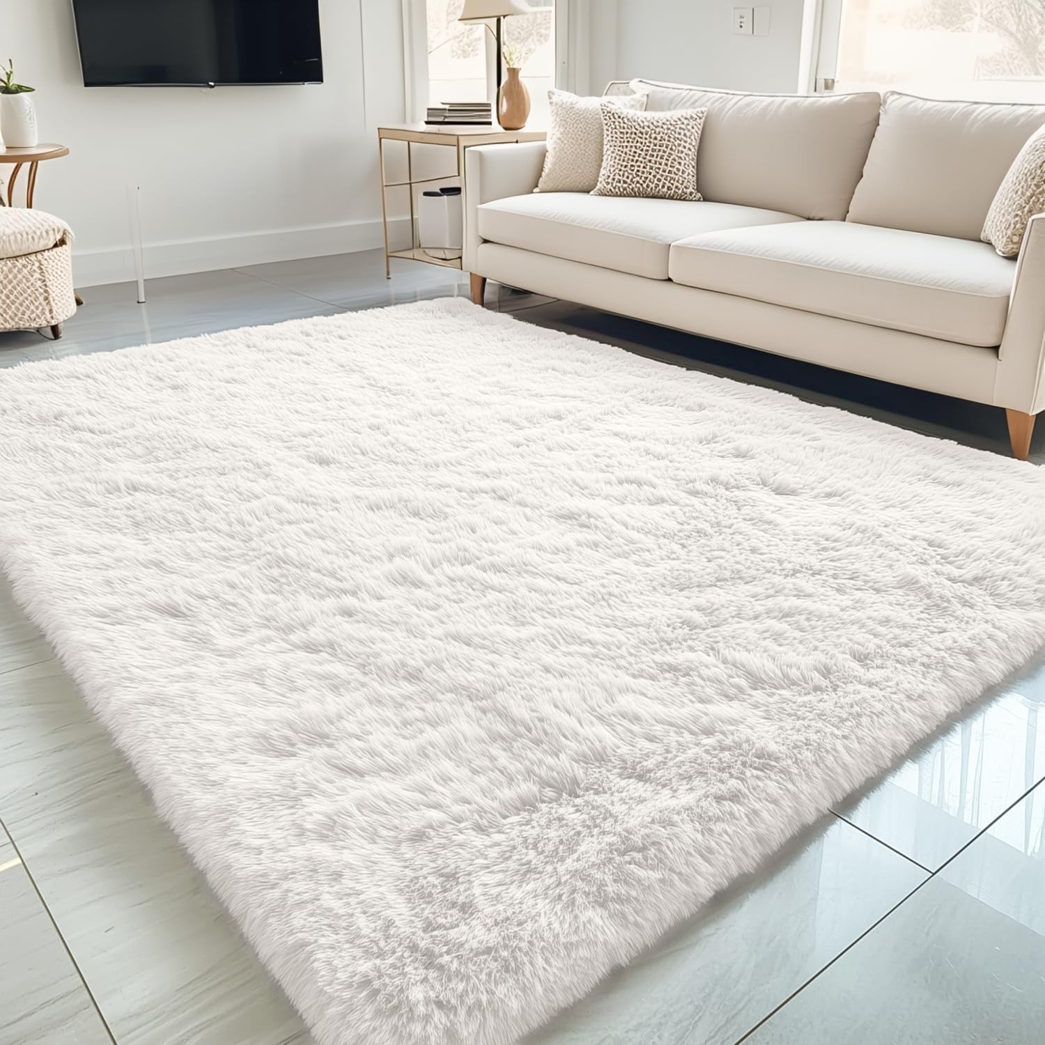Area Rug 5x8 ft Machine Washable Shaggy Soft Fluffy Ivory OLANLY Large Rugs Room