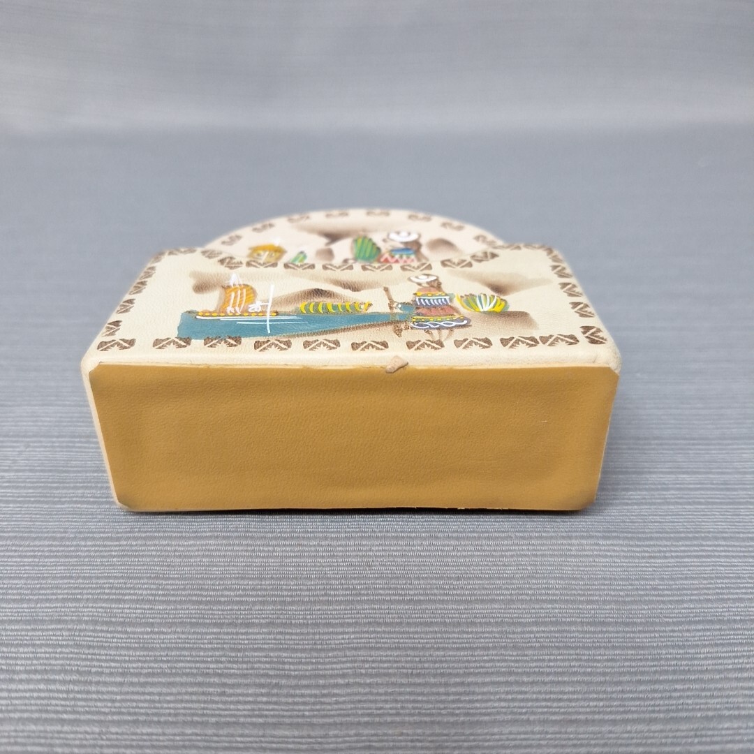 Vintage Hand Painted Leather Coasters Set 6 With Holder Peru Folk Art
