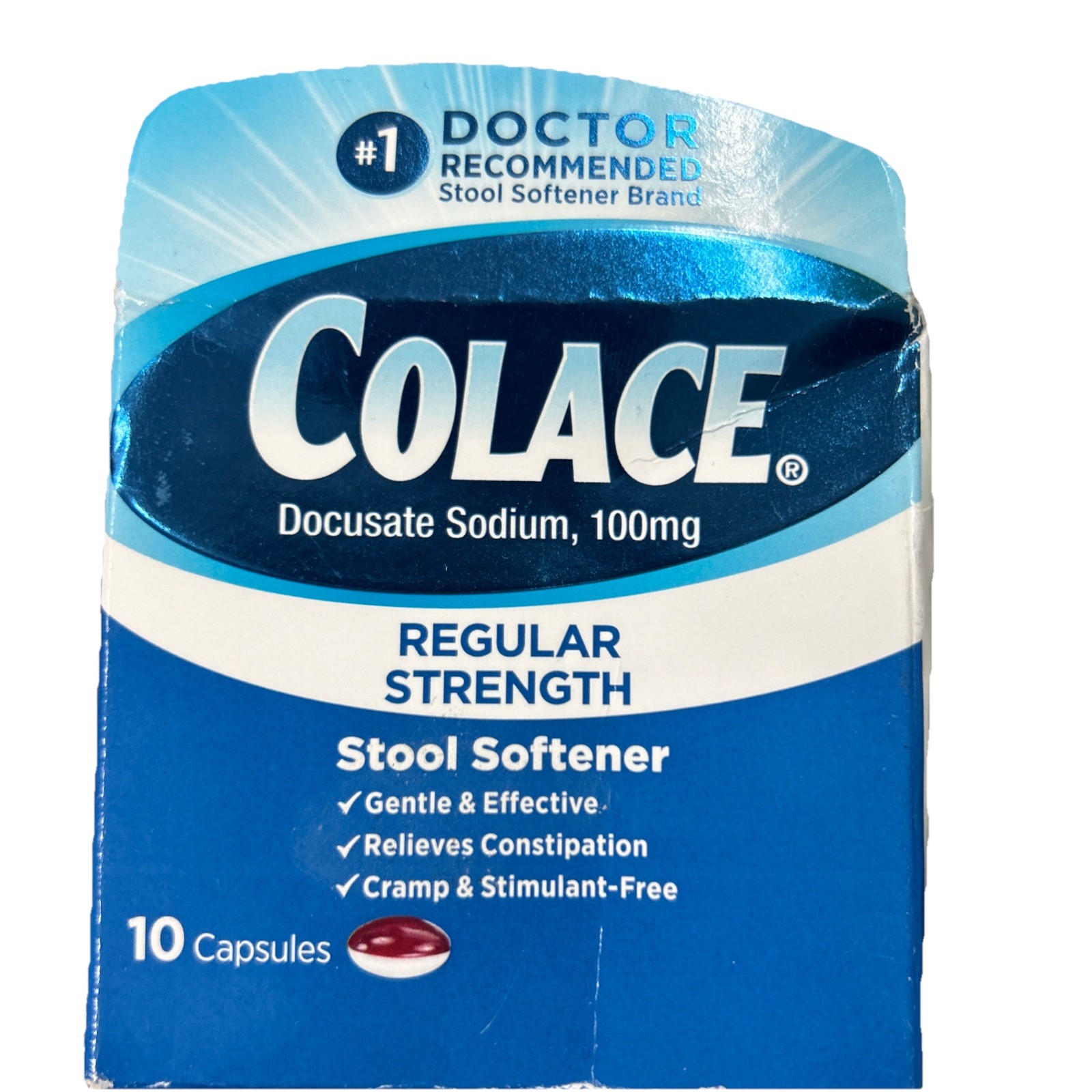 Colace Regular Strength Stool Softener - 100 mg - 10 Capsules - Exp : 11/26