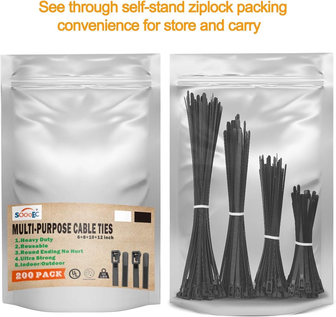 200 Count Heavy Duty Zip Ties Assorted Sizes with Non-Slip Grip for Reliability