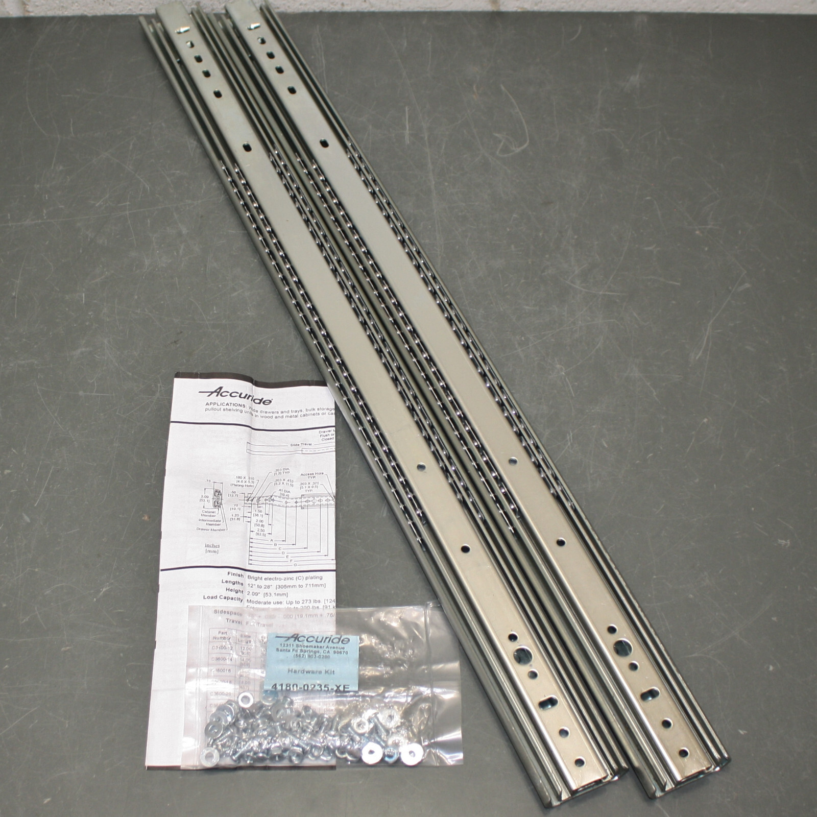 (2) Accuride Drawer Slides C 3600-28, 28" Full Extension, 182 lbs Capacity