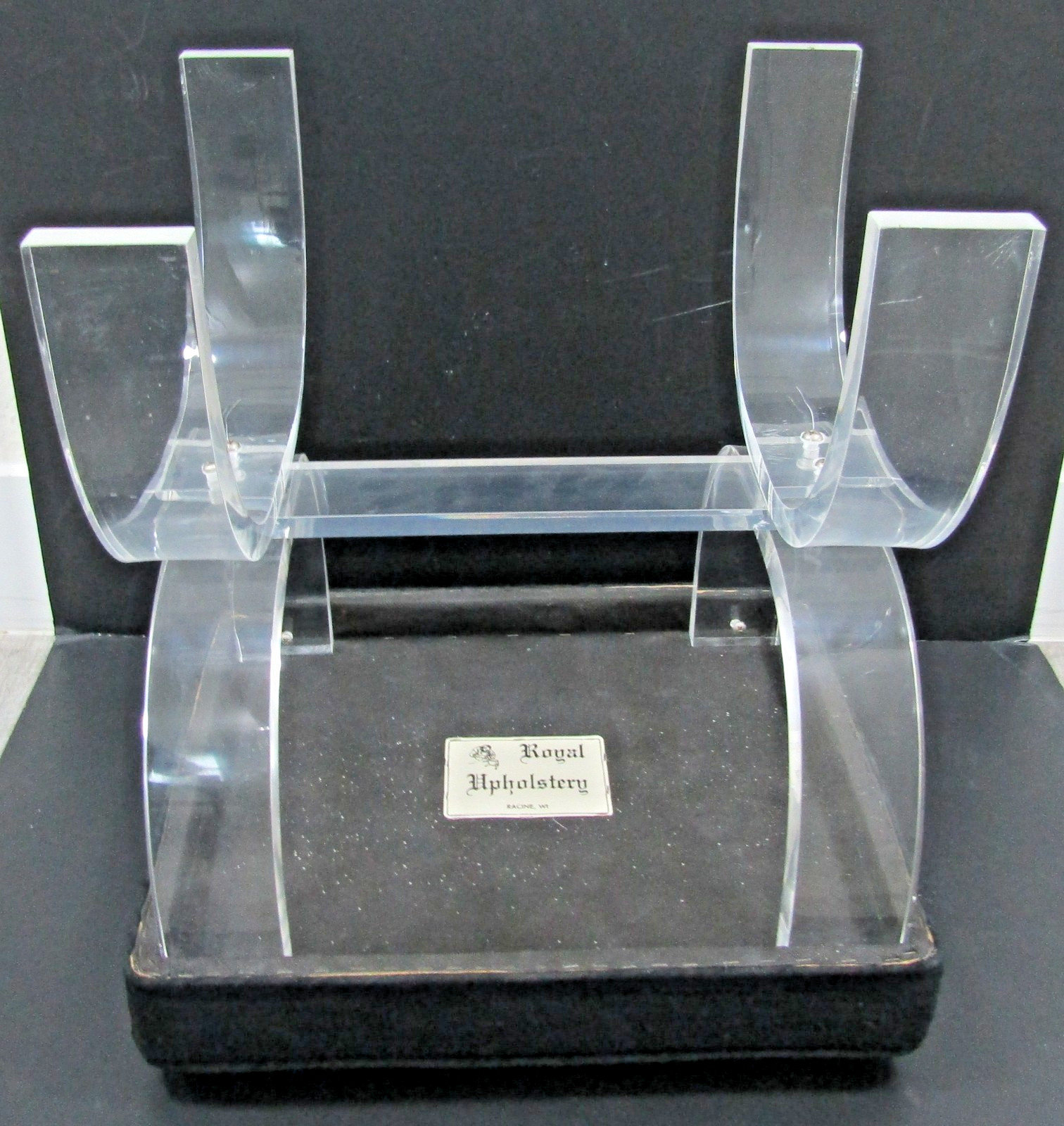 Vintage Lucite and Black Upholstery Thick Curved Legs X-Style Vanity Stool
