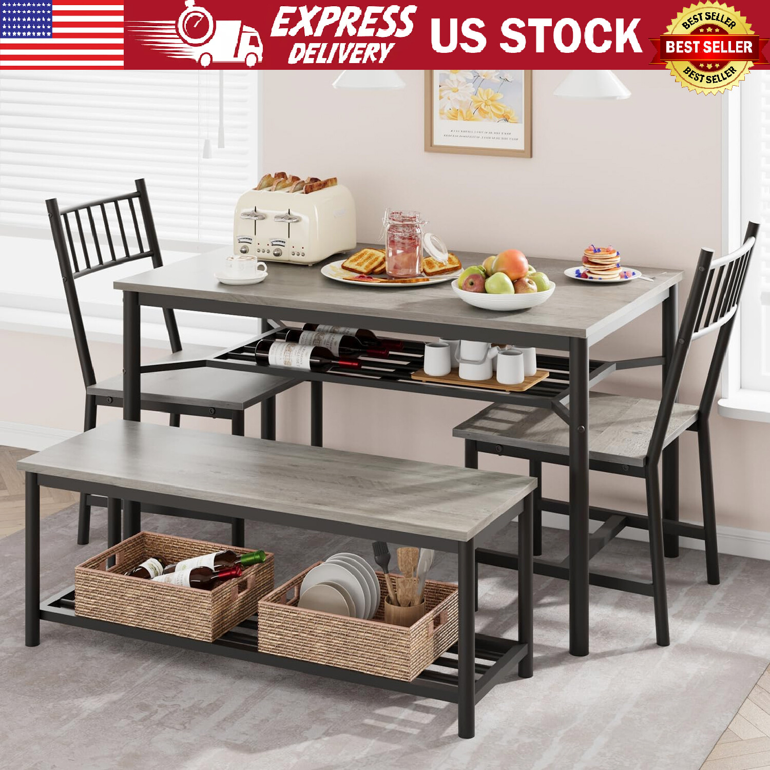 4 Piece Dining Table Set Kitchen Table Set with Bench and Chairs & Storage Rack