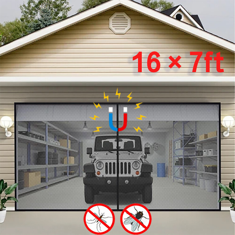 Magnetic Garage Door Screen 16 x 7ft for 2 Cars Heavy-Duty Garage Net Fiberglass