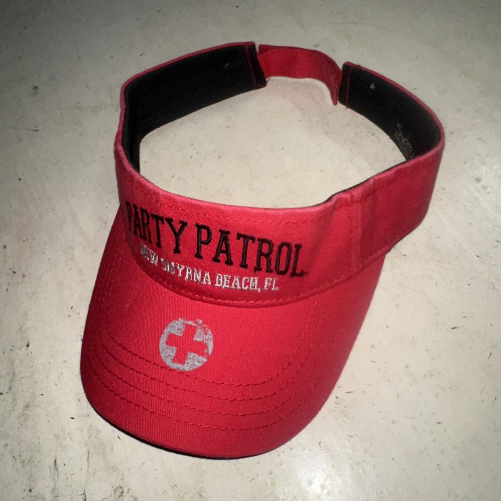 Party Patrol New Smyrna Beach Florida FL Red Visor Hat Adult Red Hook Loop Logo