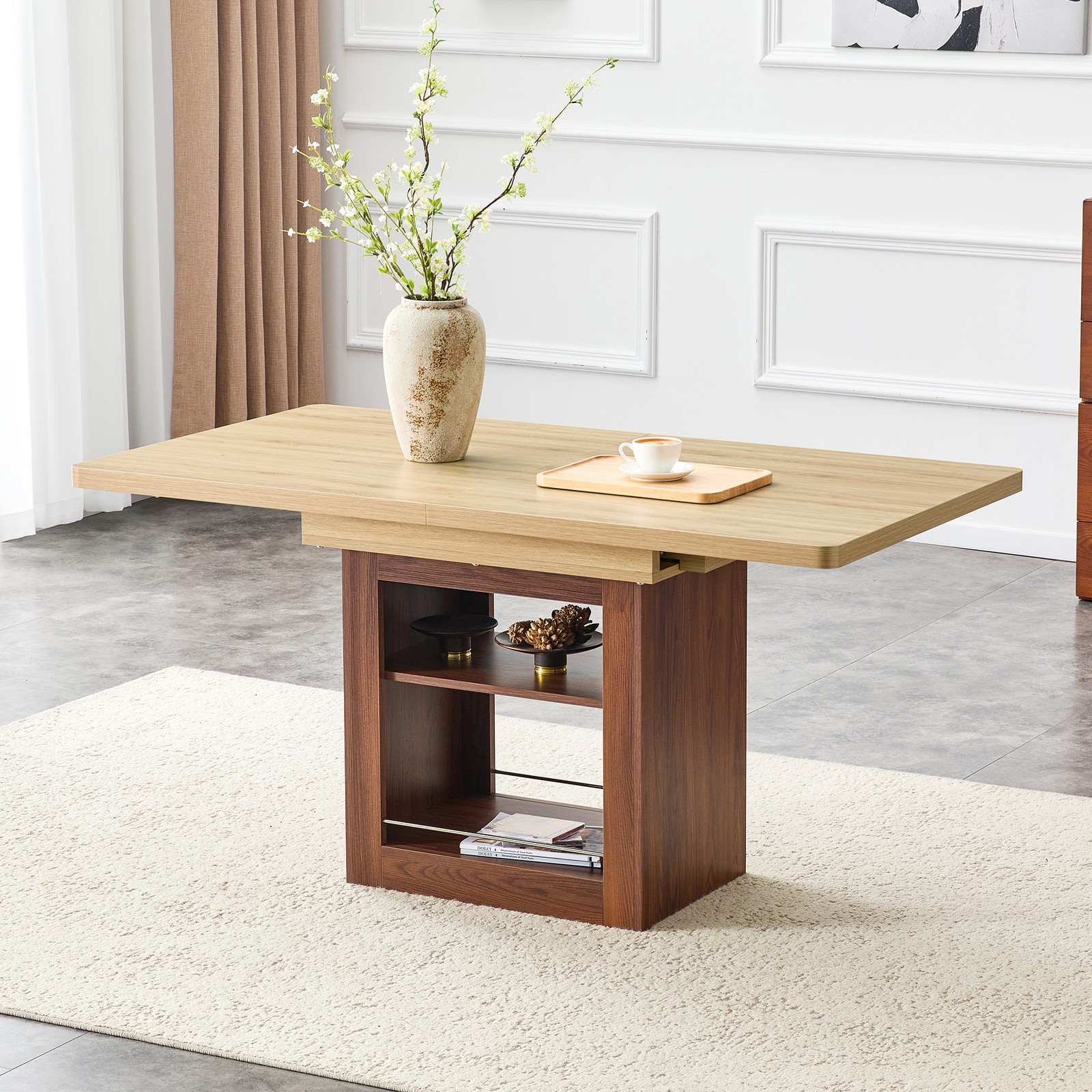 Expandable Dining Table w/storage space,59" to 71" kitchen Dining Table Walnut