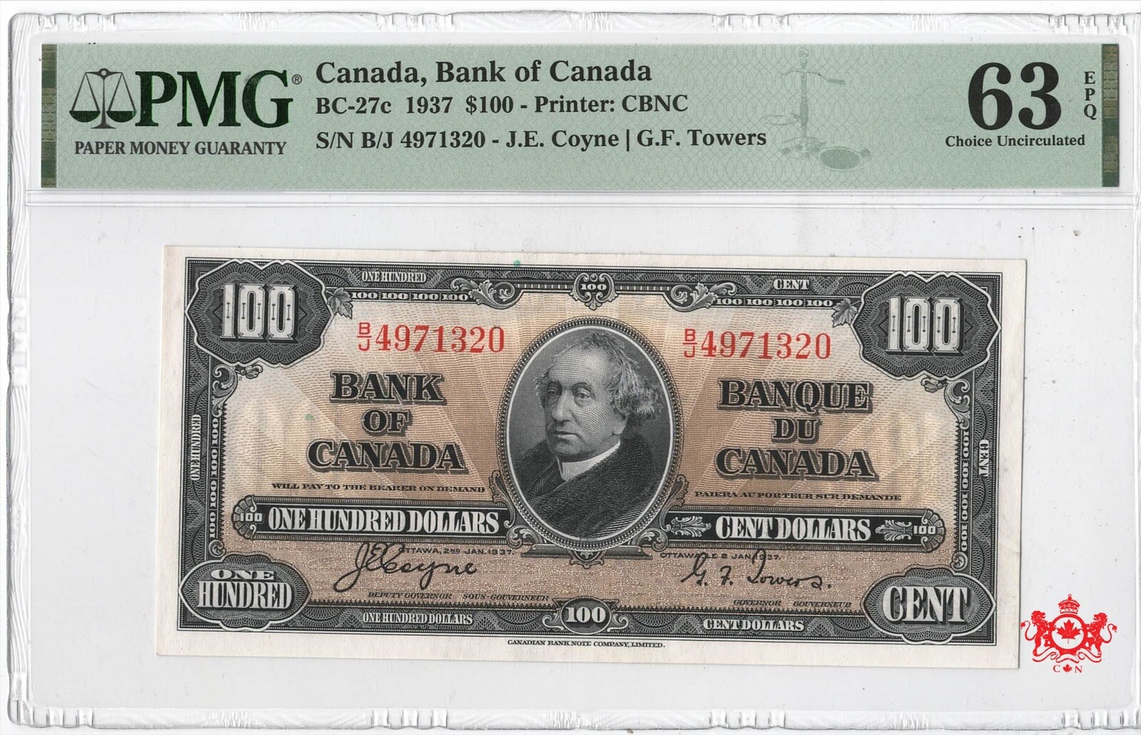1937 Bank Of Canada 100$ Coyne/Towers B/J4971320 - PMG UNC63EPQ -