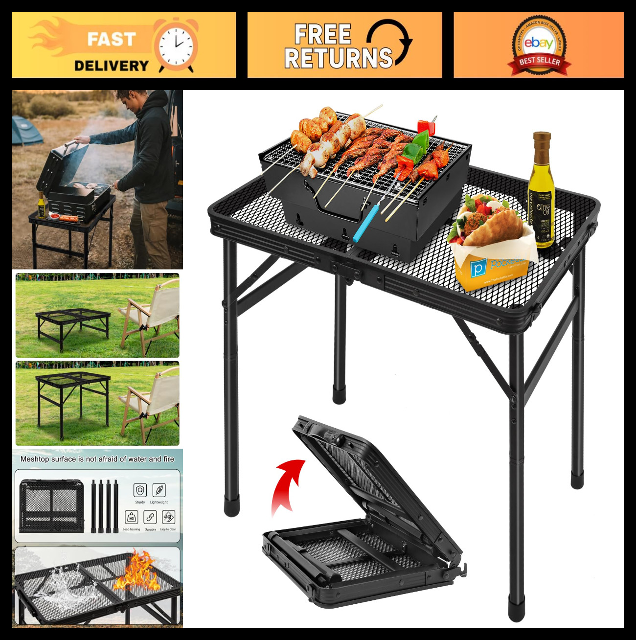 Lightweight Folding Grill Table - Portable Camping & Picnic Table, Height Adjust