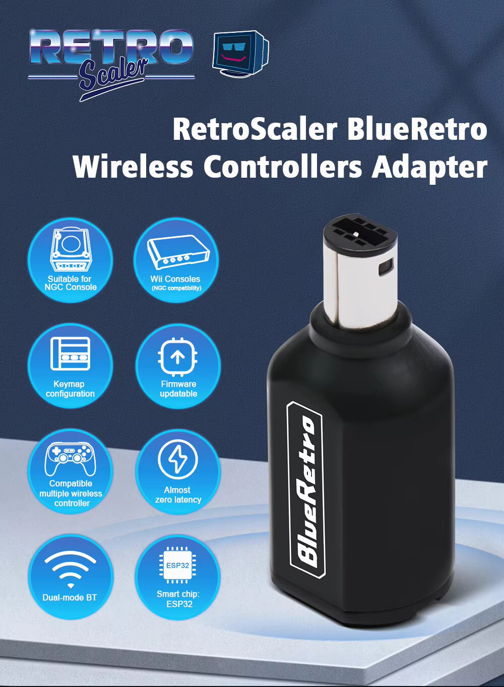 Wireless Bluetooth Receiver - Nintendo Gamecube -(Transparent Black) Blue Retro