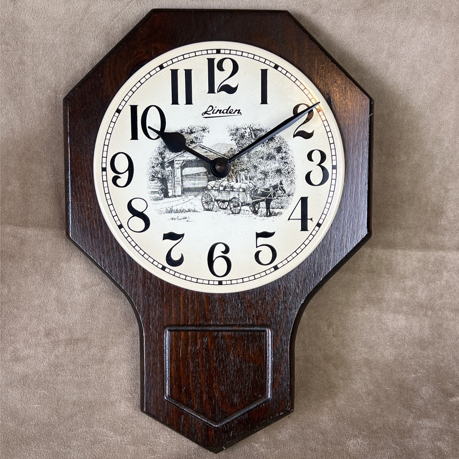 Vintage Linden Wooden/Enamel Wall Clock *VIDEO* Covered Bridge/Farm Horse&Buggy
