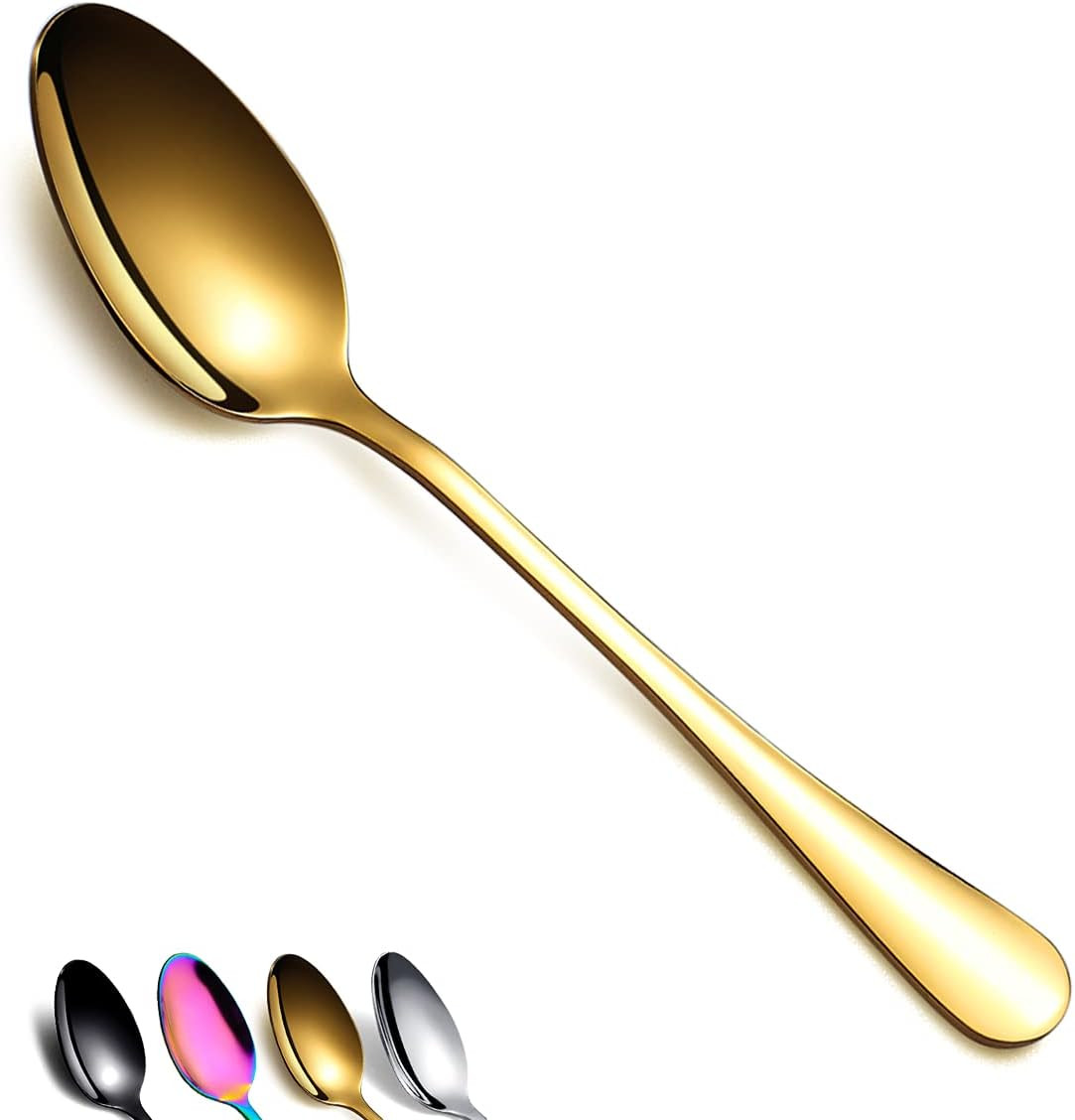 Gold Dinner Spoon of 12, Berglander 7.5" Stainless Steel Titanium Plating Shi...