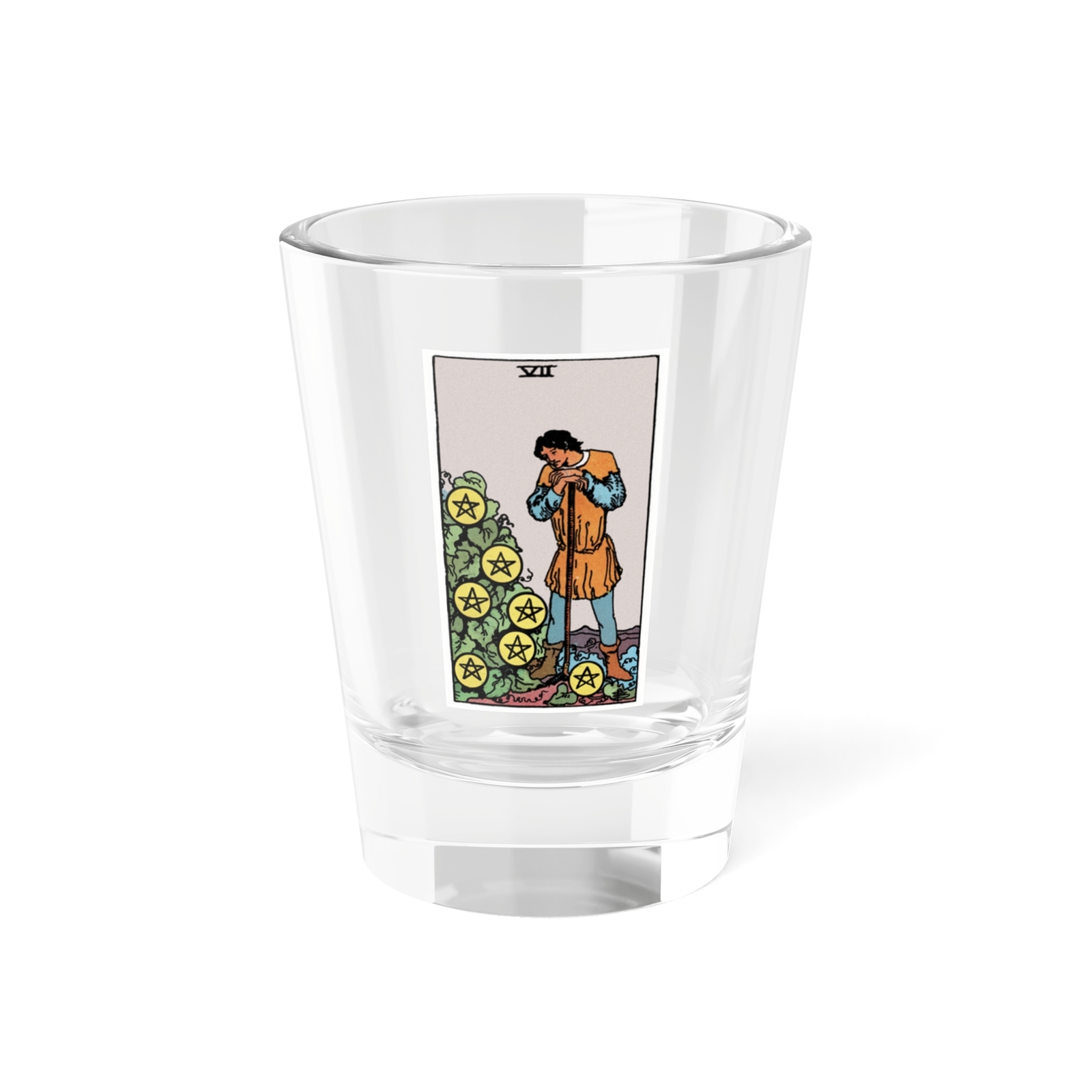 The 7 of Pentacles (Tarot Card) Shot Glass 1.5oz