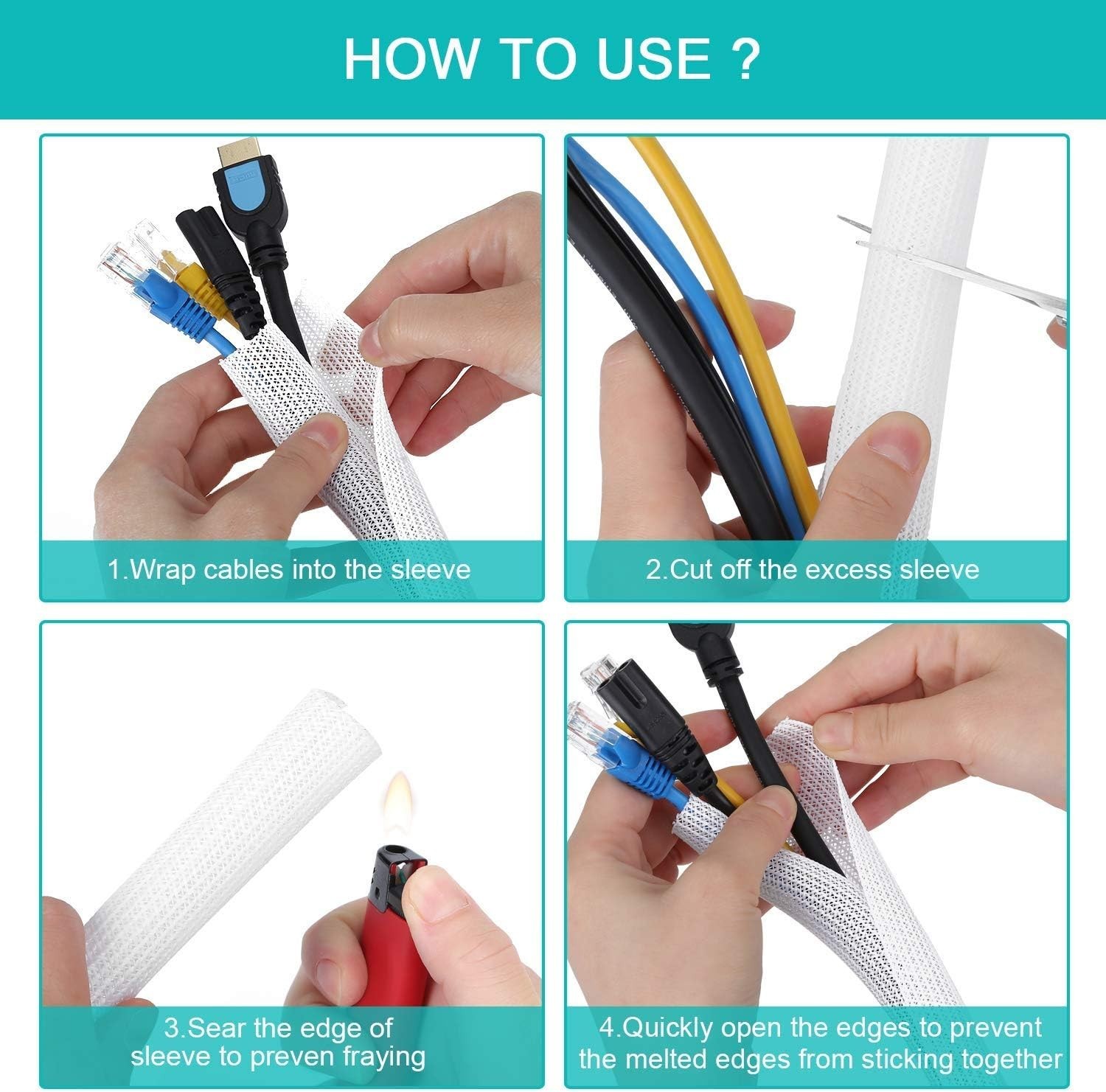 6.6ft Self-Wrap White Cable Sleeve - Stylish Wire Protector for Home & Office