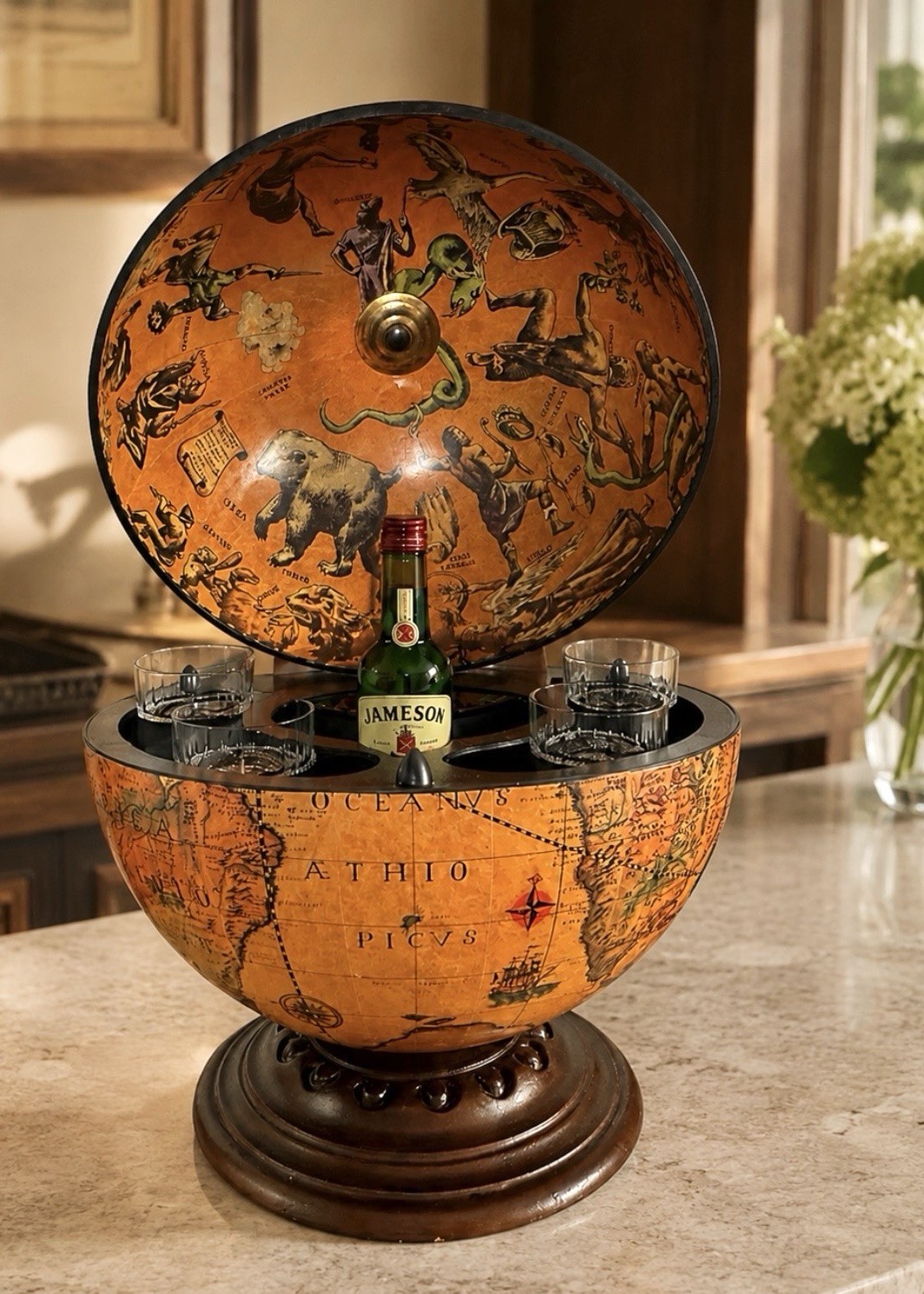 Globe Mini Bar Old World Map Table Top Zodiac Interior Liquor Holder Italy 20”