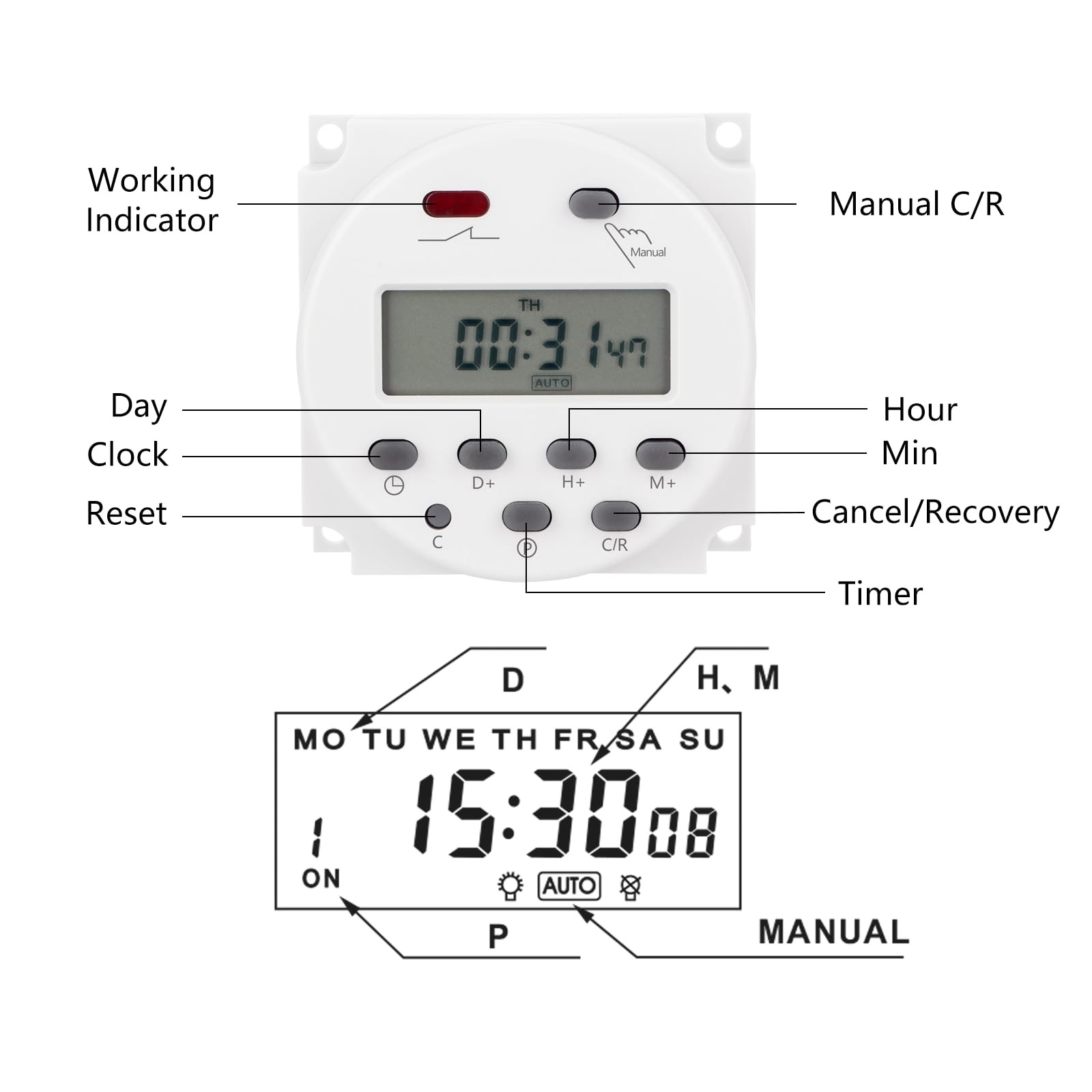 Digital LCD Timer Switch, DC/AC 12V 16Amp, Programmable, 28 Scheduled Times