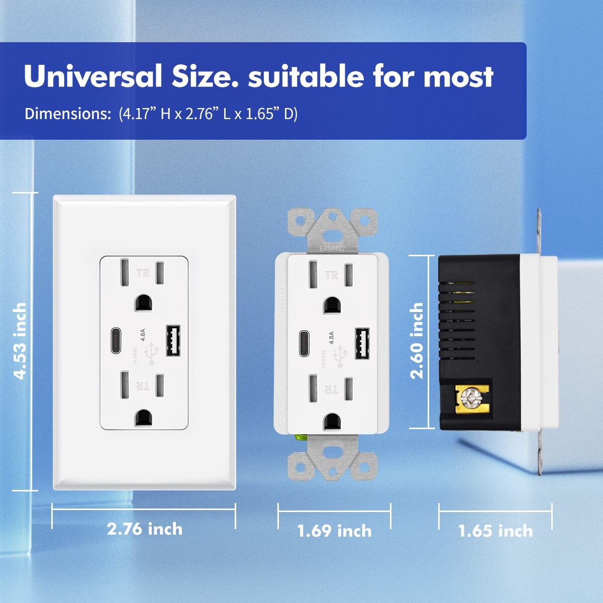 4.8A USB Type C Wall Outlet Duplex Receptacle 15 Amp, Tamper Resistant, 2pack