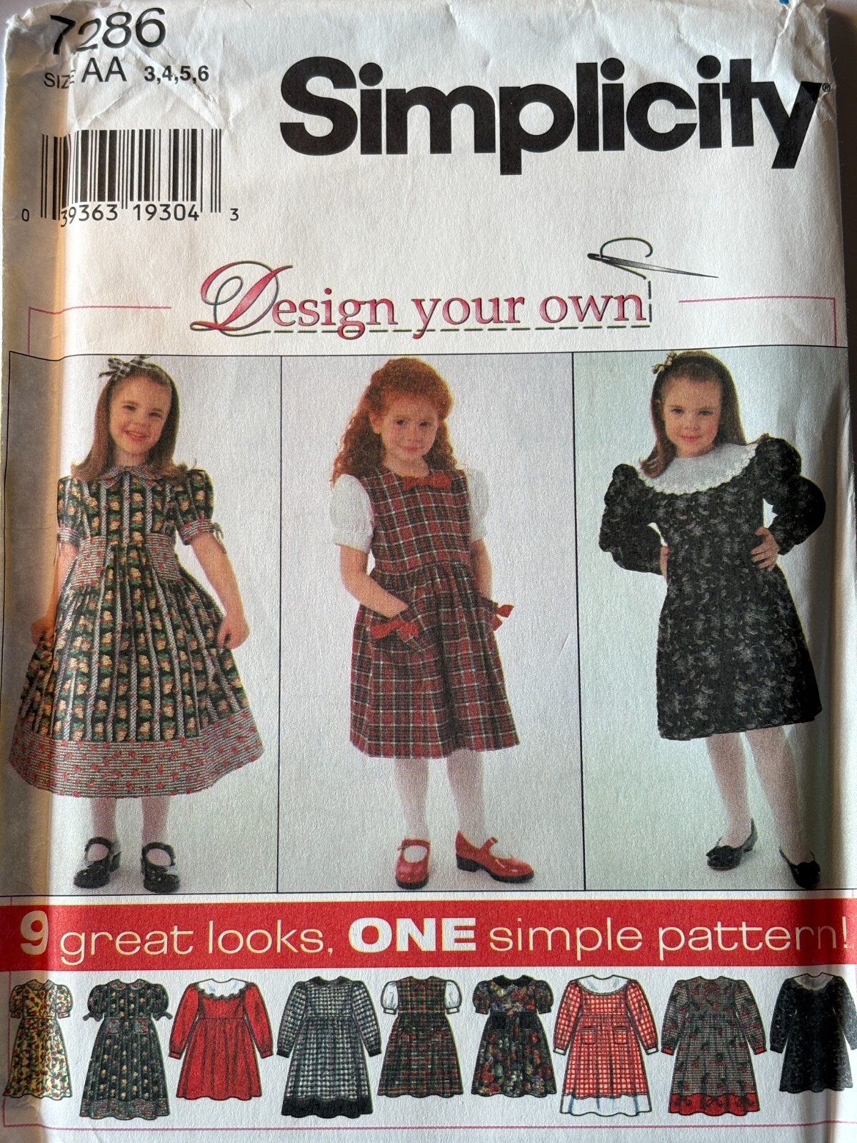 New Uncut FF Size 3-6 Girls 1990s Dresses Sewing Pattern, Simplicity 7286