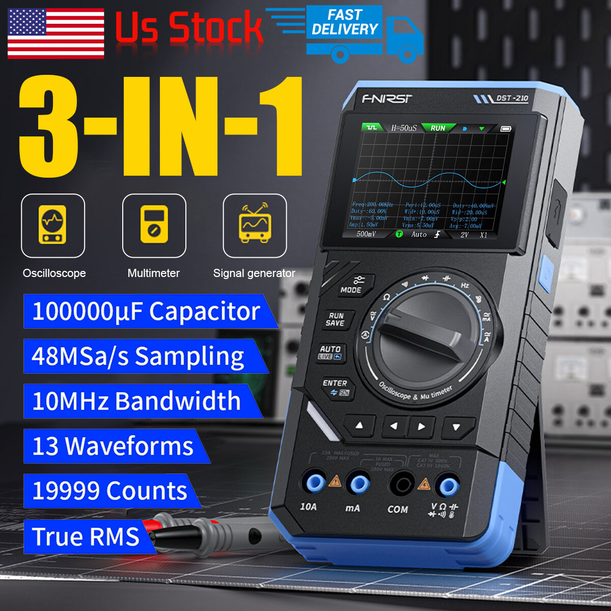 3 in 1 Oscilloscope Multimeter 10M Analog Bandwidth Counts 48MSa Sampling Rate