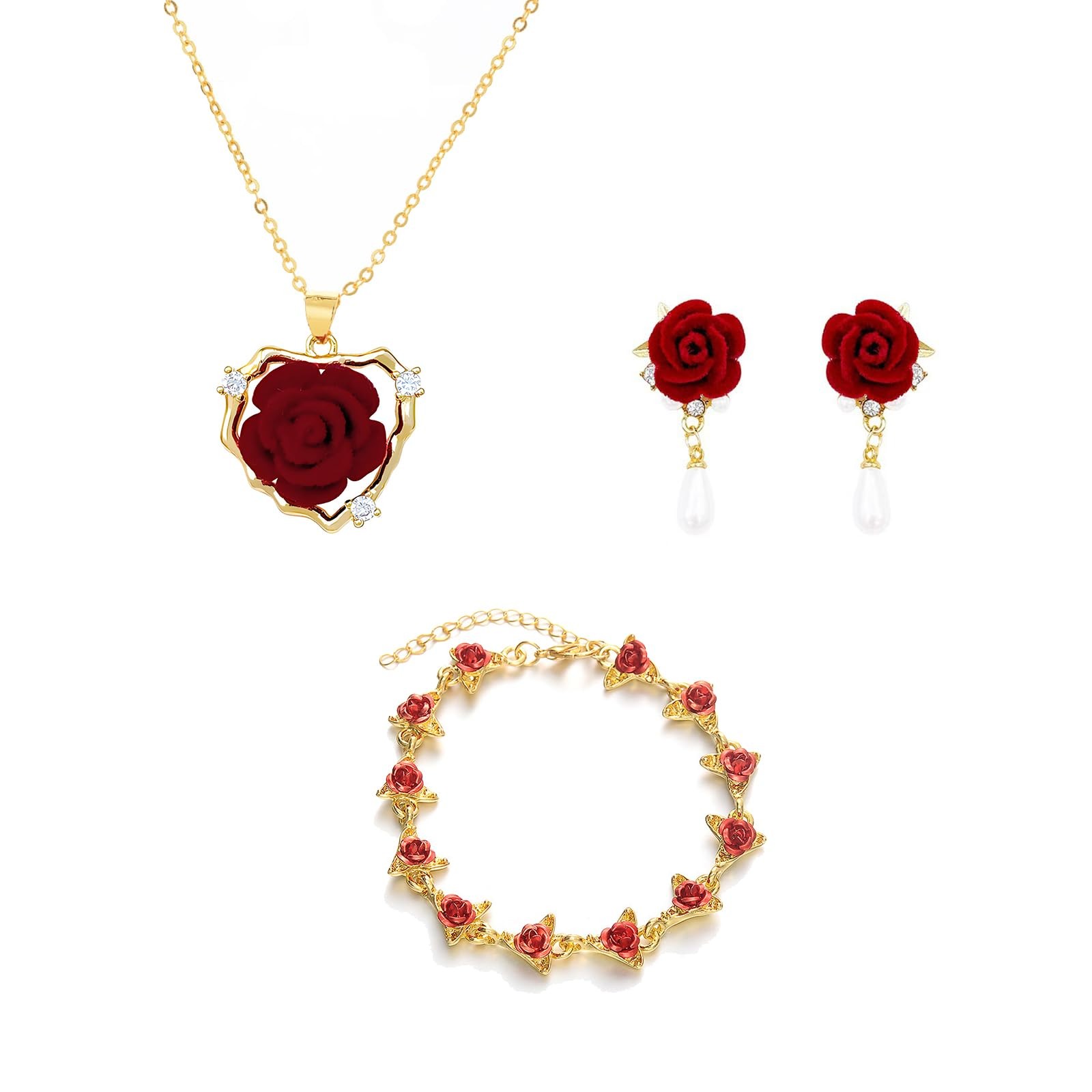 3 Pcs Mothers Day Gift Red Rose Jewelry Set Gold Red Flower Trendy Jewelry Set