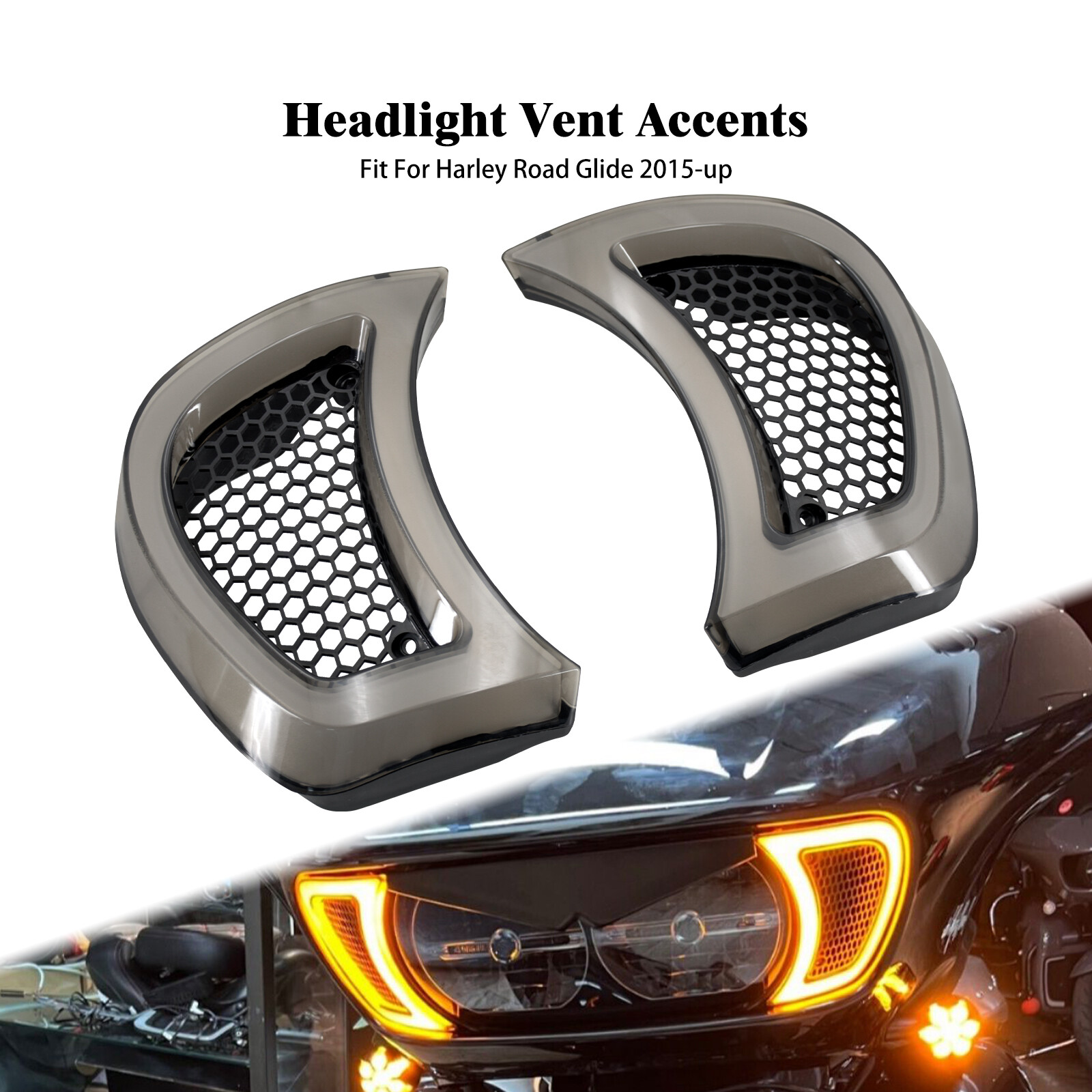 Smoke Drill Headlight Vent Accents LED Turn Signal Fit For Harley Road Glide 15+