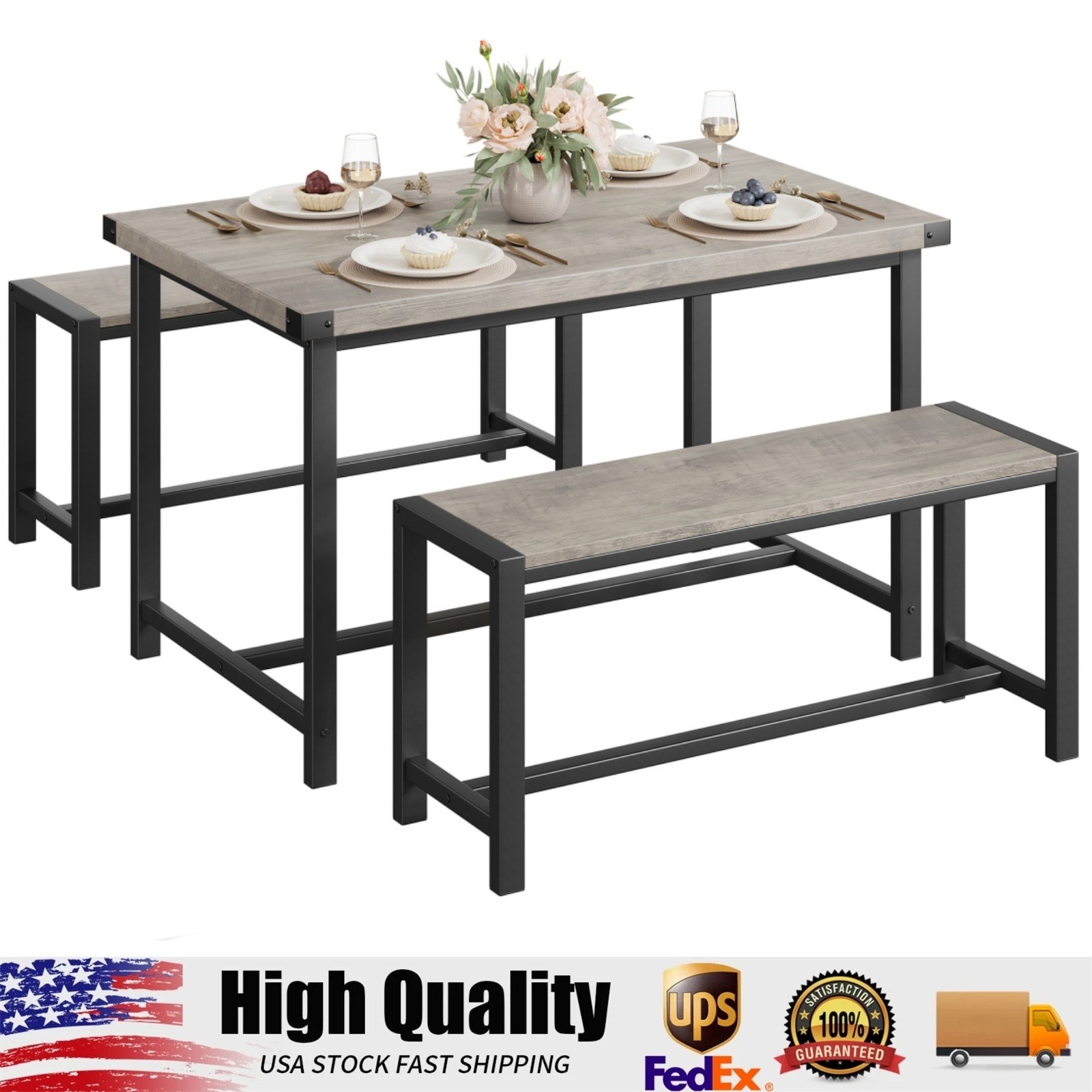 Dining Table Set for 4, Rectangular Kitchen Table with 2 Metal Wood Benches
