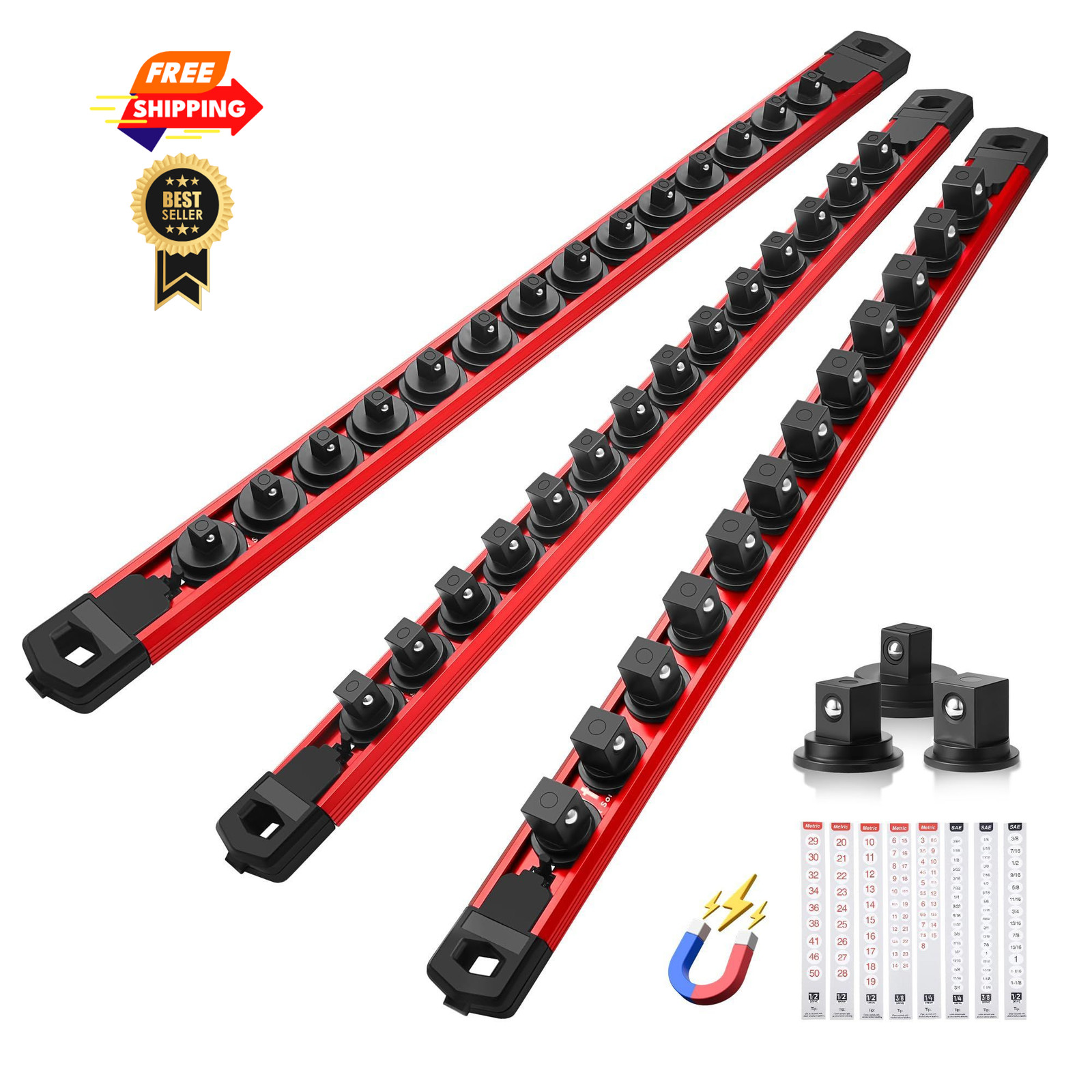Reniteco Magnetic Socket Organizer Set, 3-Piece 1/2" 3/8" 1/4" Drive 3pc, Red