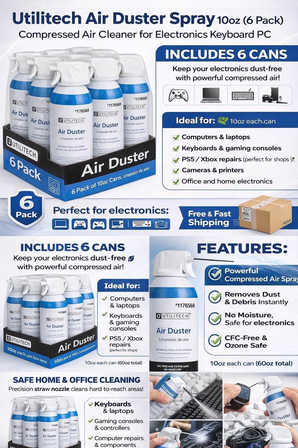 Utilitech Air Duster 10oz (6 Pack) Compressed Air For Electronics Cleaning