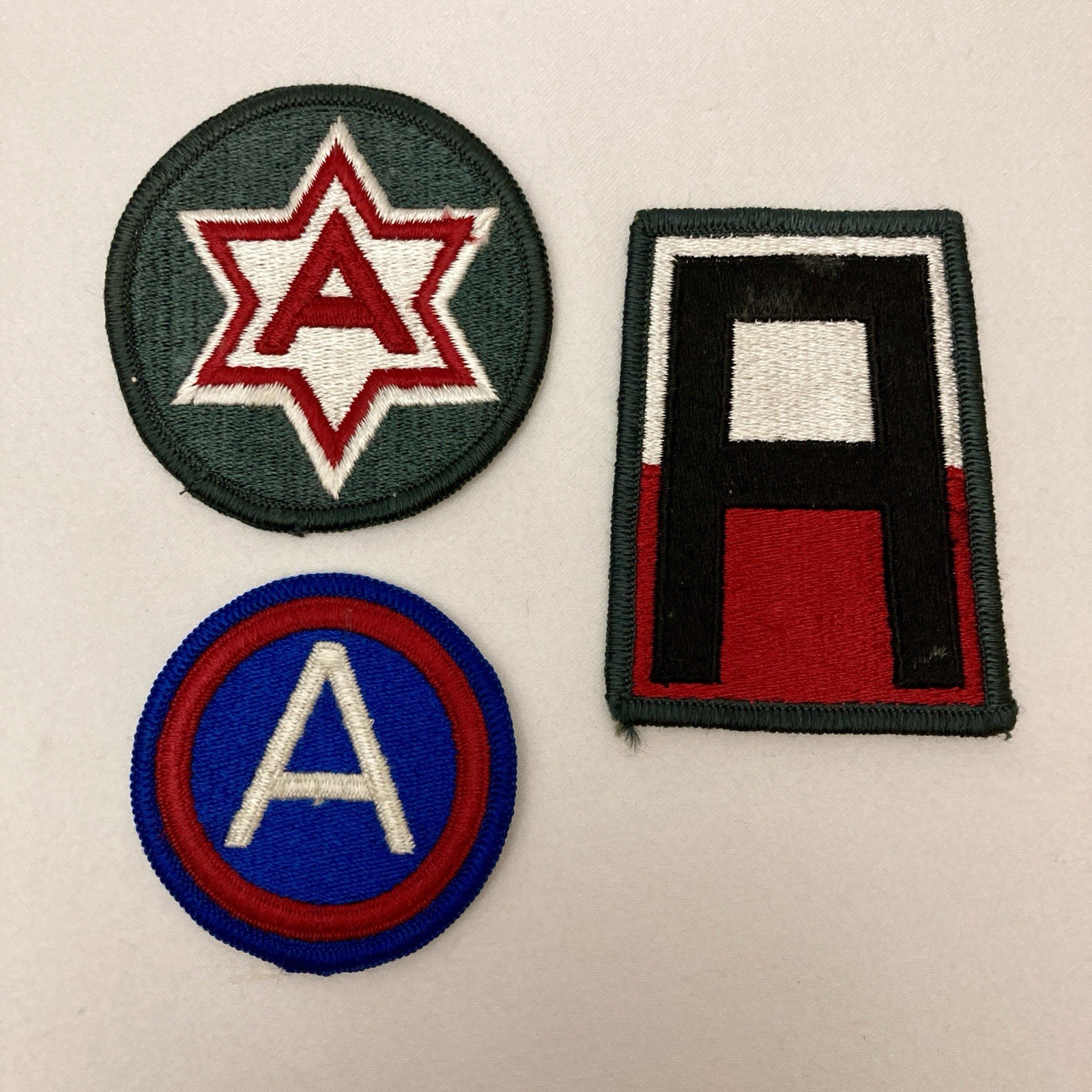 US Army 6th A Patch (WWII era), 3rd Army A Patch, 1st Army Patch, Lot-of-3 Used