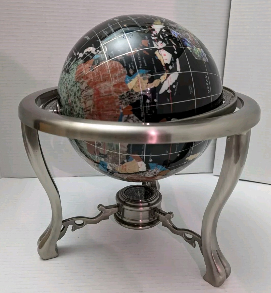 World Globe-Semi-Precious Inlaid Stone and Shells w Compass