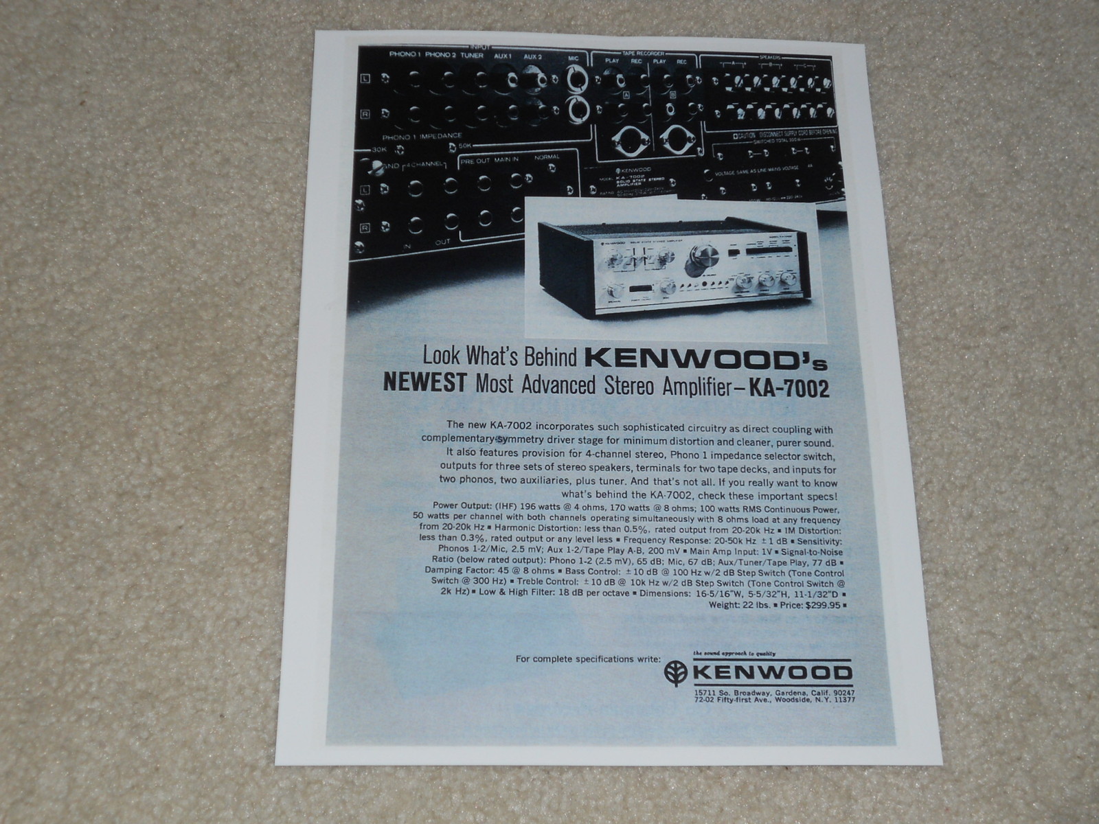 Kenwood KA-7002 Amplifier Ad, 1 page, Specs, Article, Integrated Amplifier