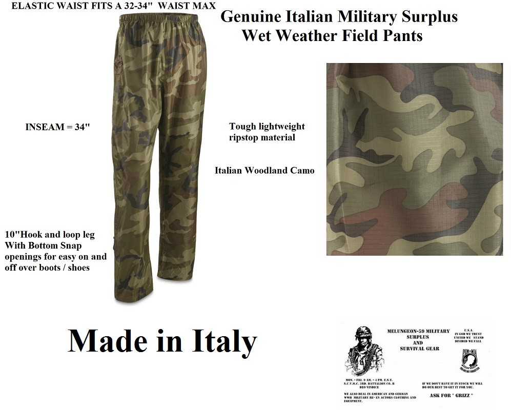 Authentic Original Italian Military Wet Weather Pants - 32-34" Waist Max TG 56 R