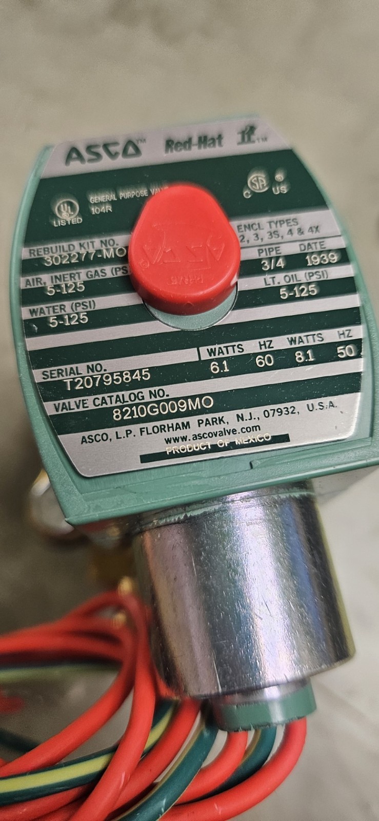 REDHAT 8210G009MO Solenoid Valve with ManualOperator,Brass