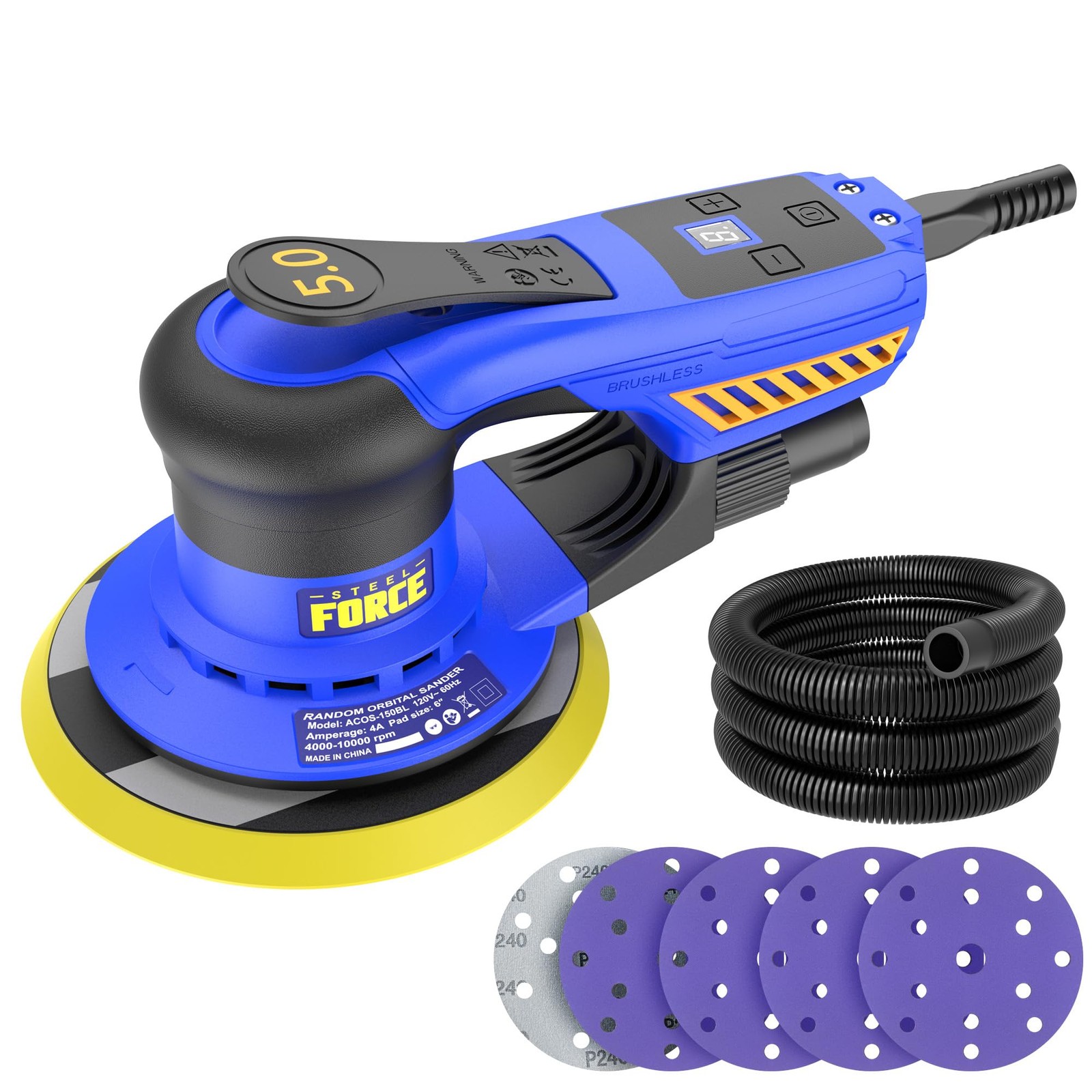 5mm Random Orbital Sander, Brushless 480W 4A, Multi-function Variable Speed E...