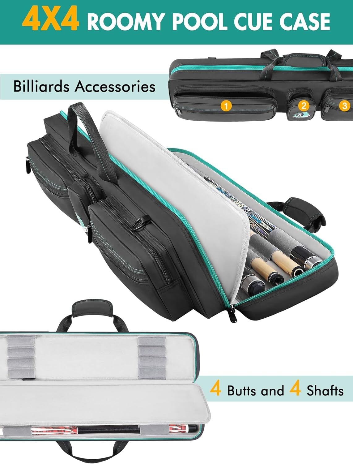 Pool Cue Case 4x4 Pool Stick Bag with Backpack Strap Soft Billiard Carrying Case