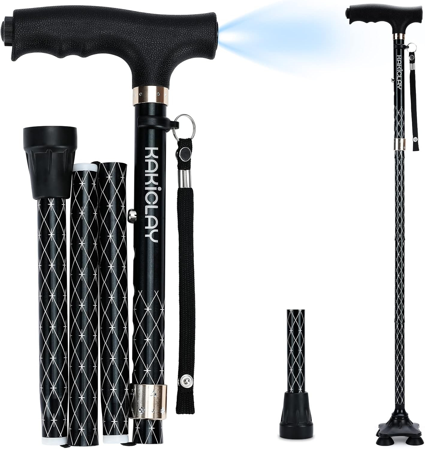 Folding Walking Cane with LED Light for Women & Men - Foldable, Adjustable, Coll
