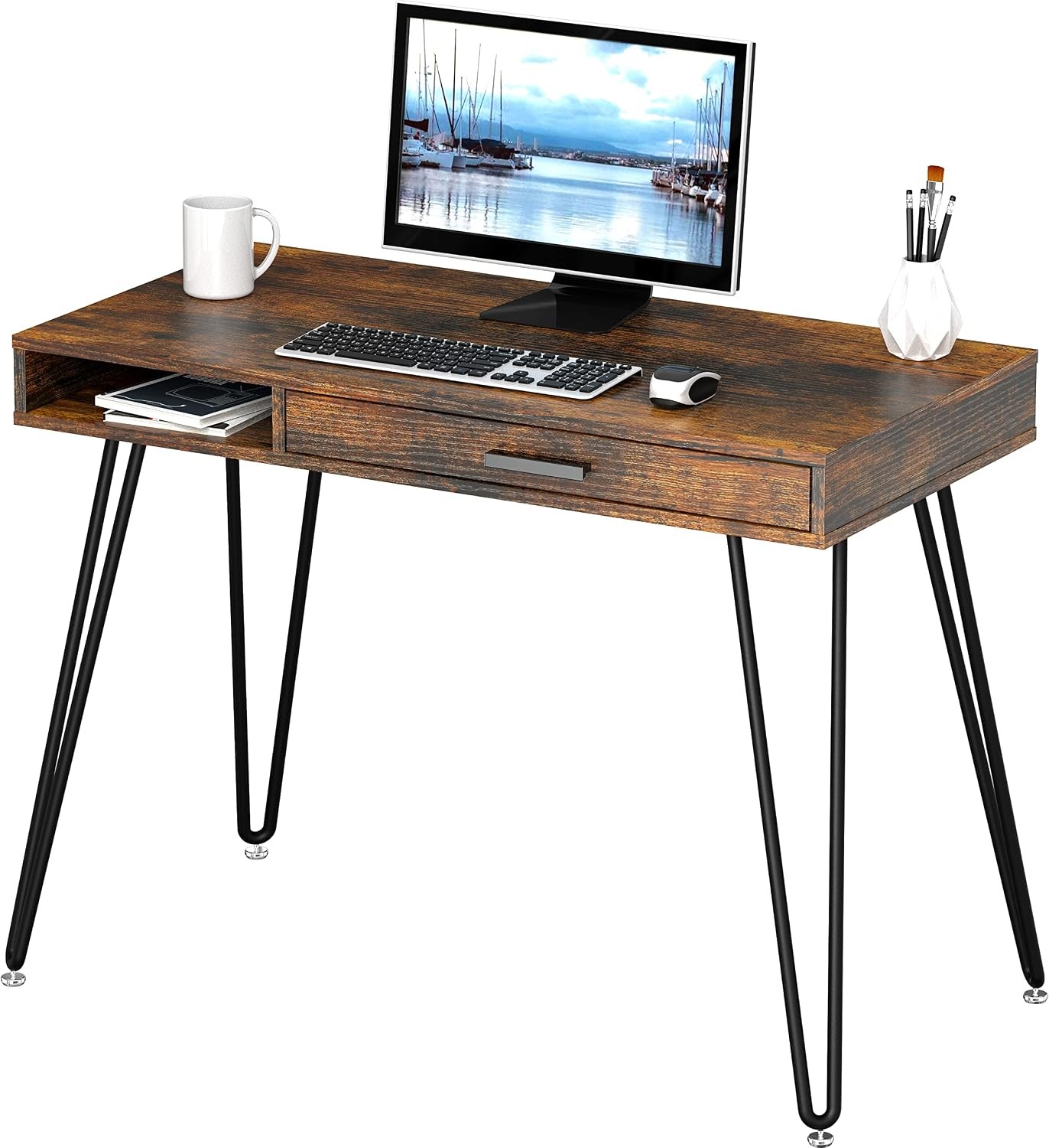 Home Office Computer Hairpin Leg Desk with Drawer Rustic Brown