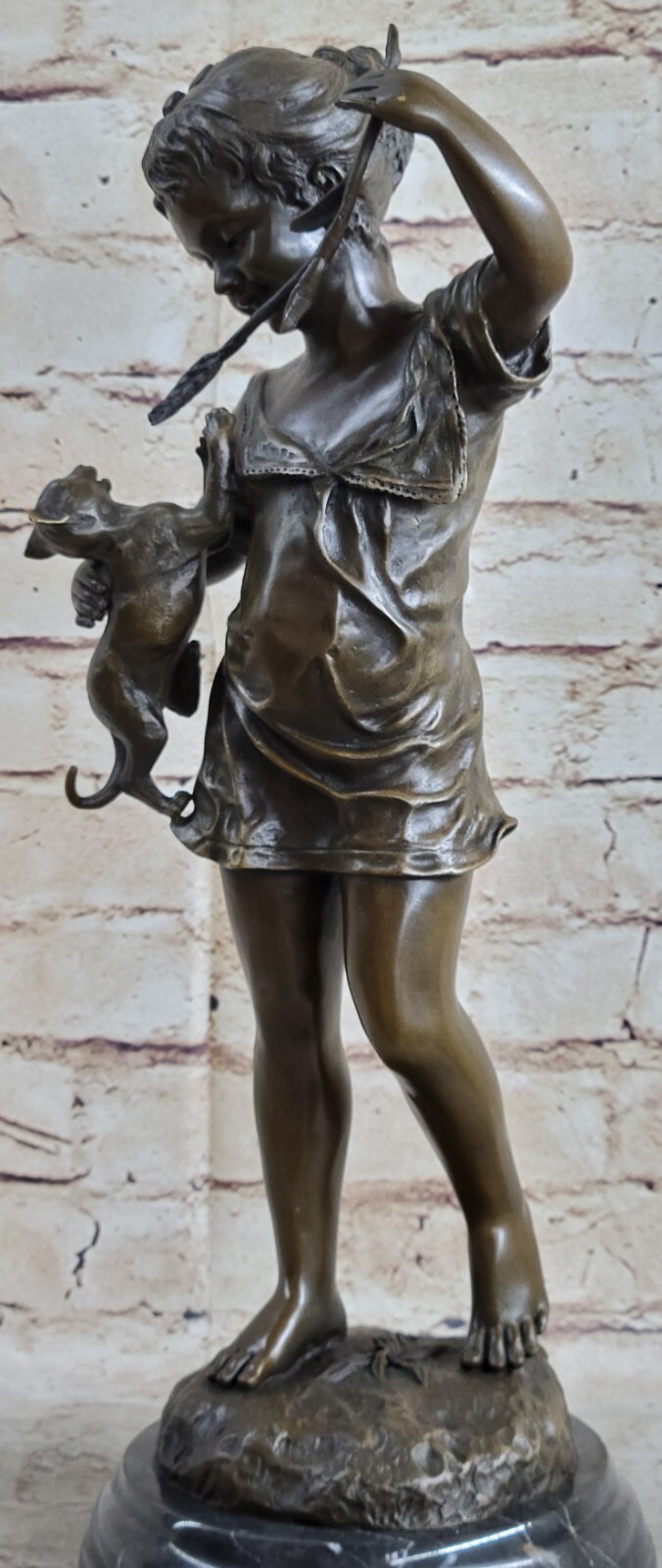 Bronze Sculpture Hello Kitty Cat Love Sweet Girl With Smile Marble Base Figure
