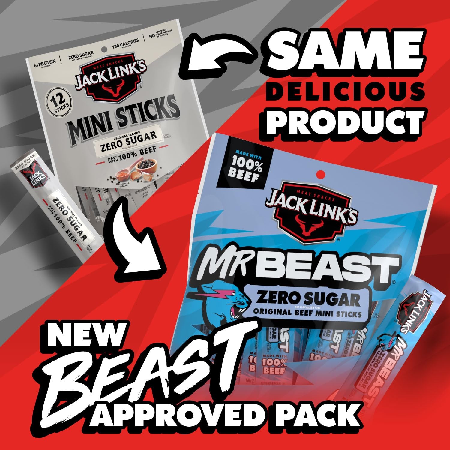 Jack Link’s x MrBeast Beef Sticks, Zero Sugar Mini Beef Sticks, As Seen on Be...