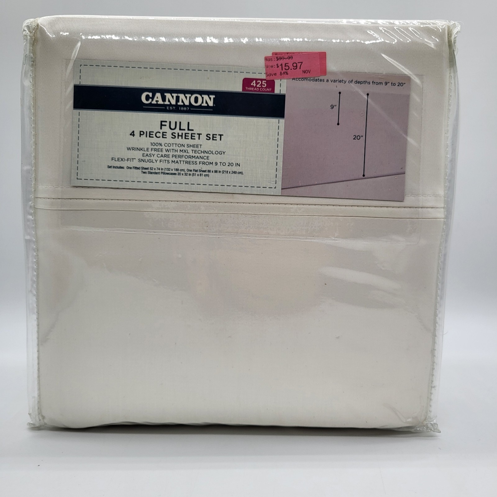 Cannon Full White 4 Piece Sheet Set 100% Cotton Flex Fit Easy Care 425 Thread Ct